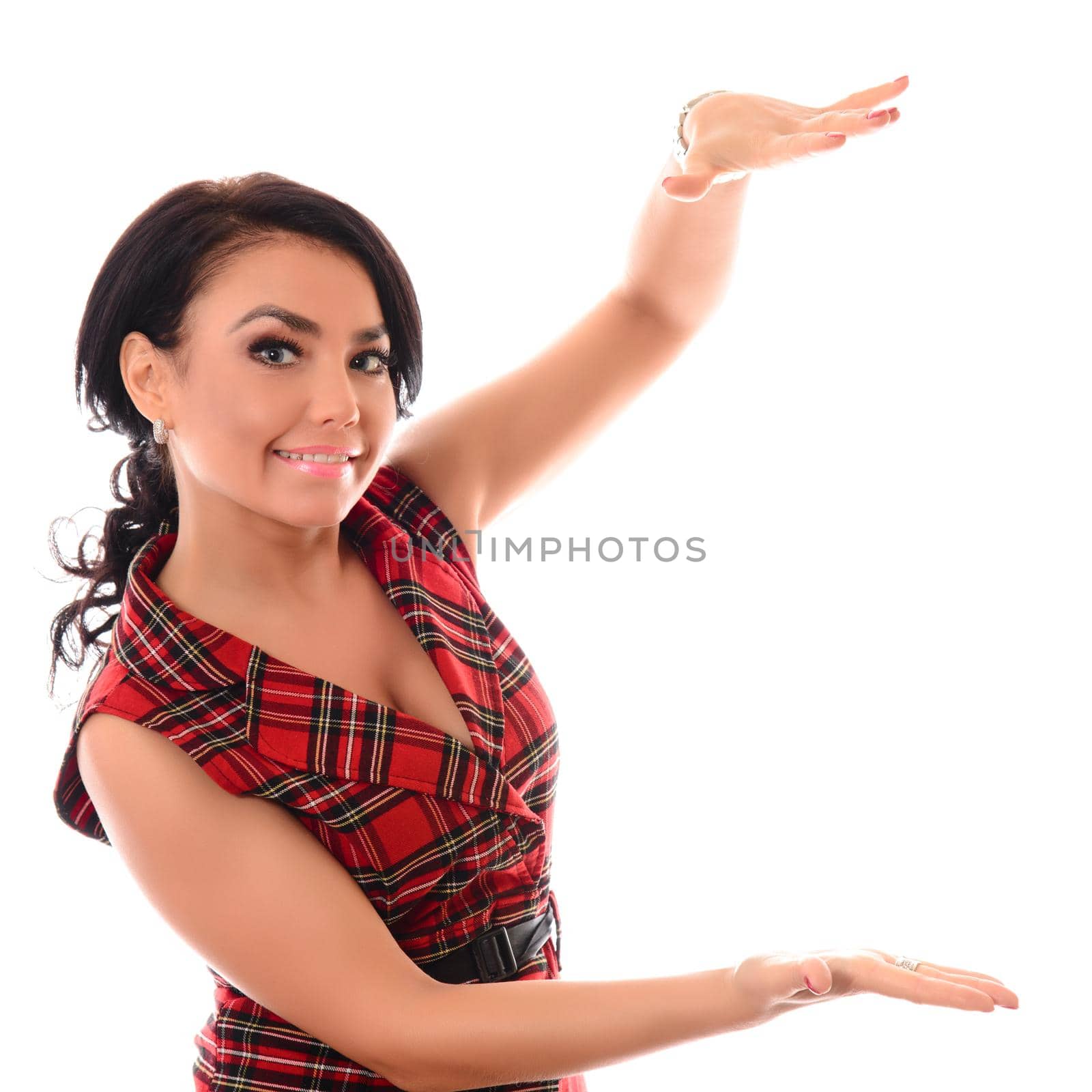 Portrait of a happy woman laughing hands in front of . Studio shot isolated on white.