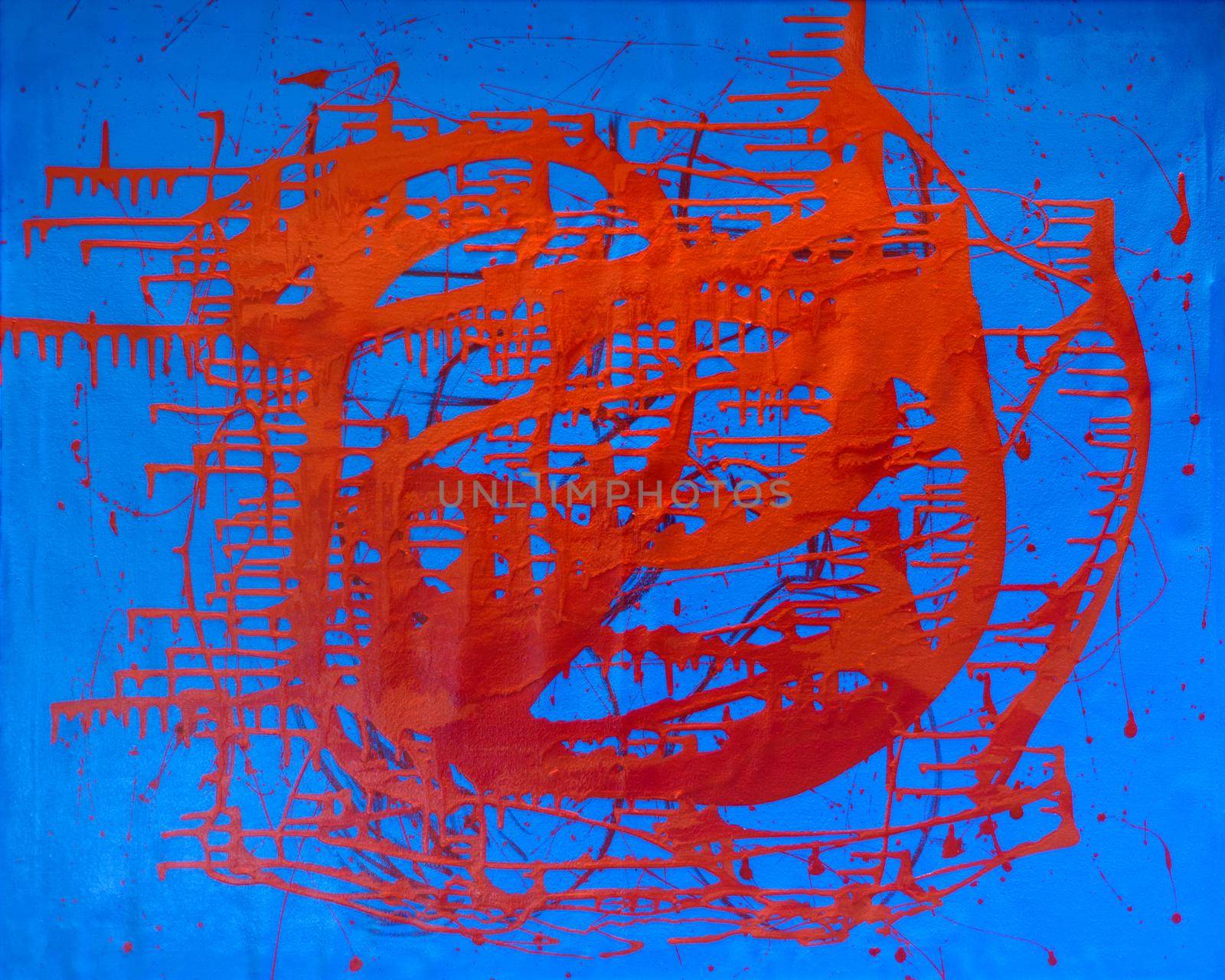 avant-garde abstract painting paints on wall red and blue color.