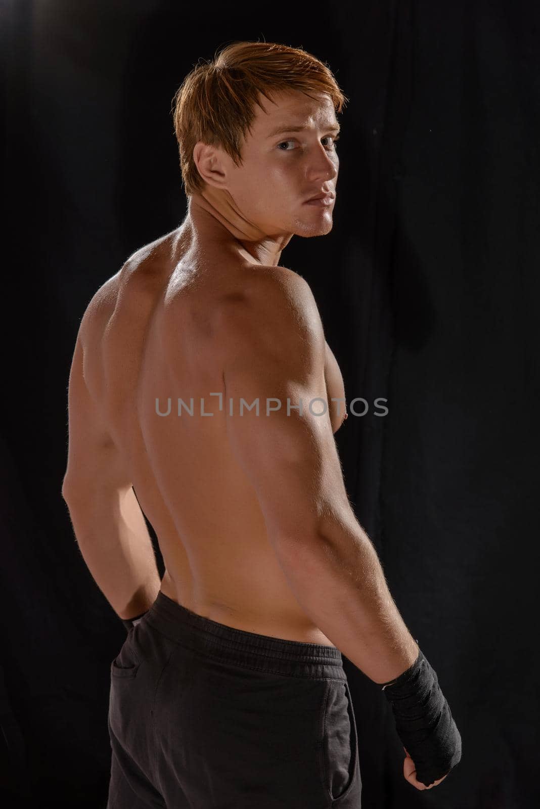 Rear view of strong young male boxer by zartarn