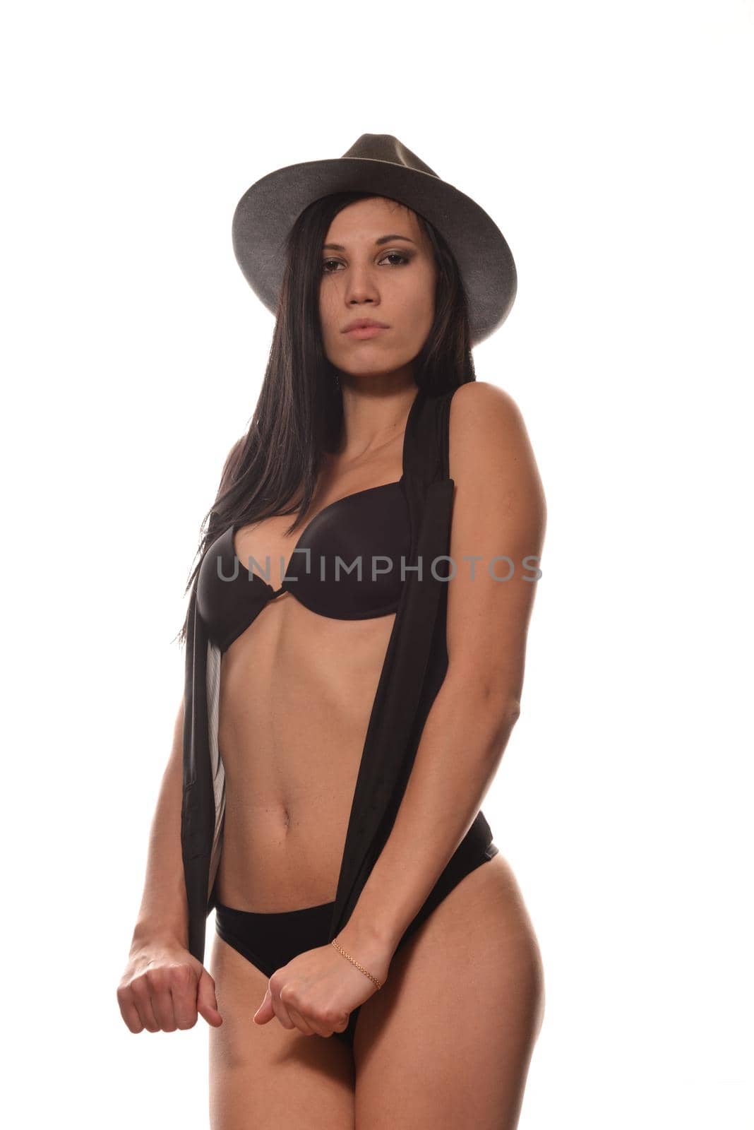 woman in black lingerie and a gray hat by zartarn