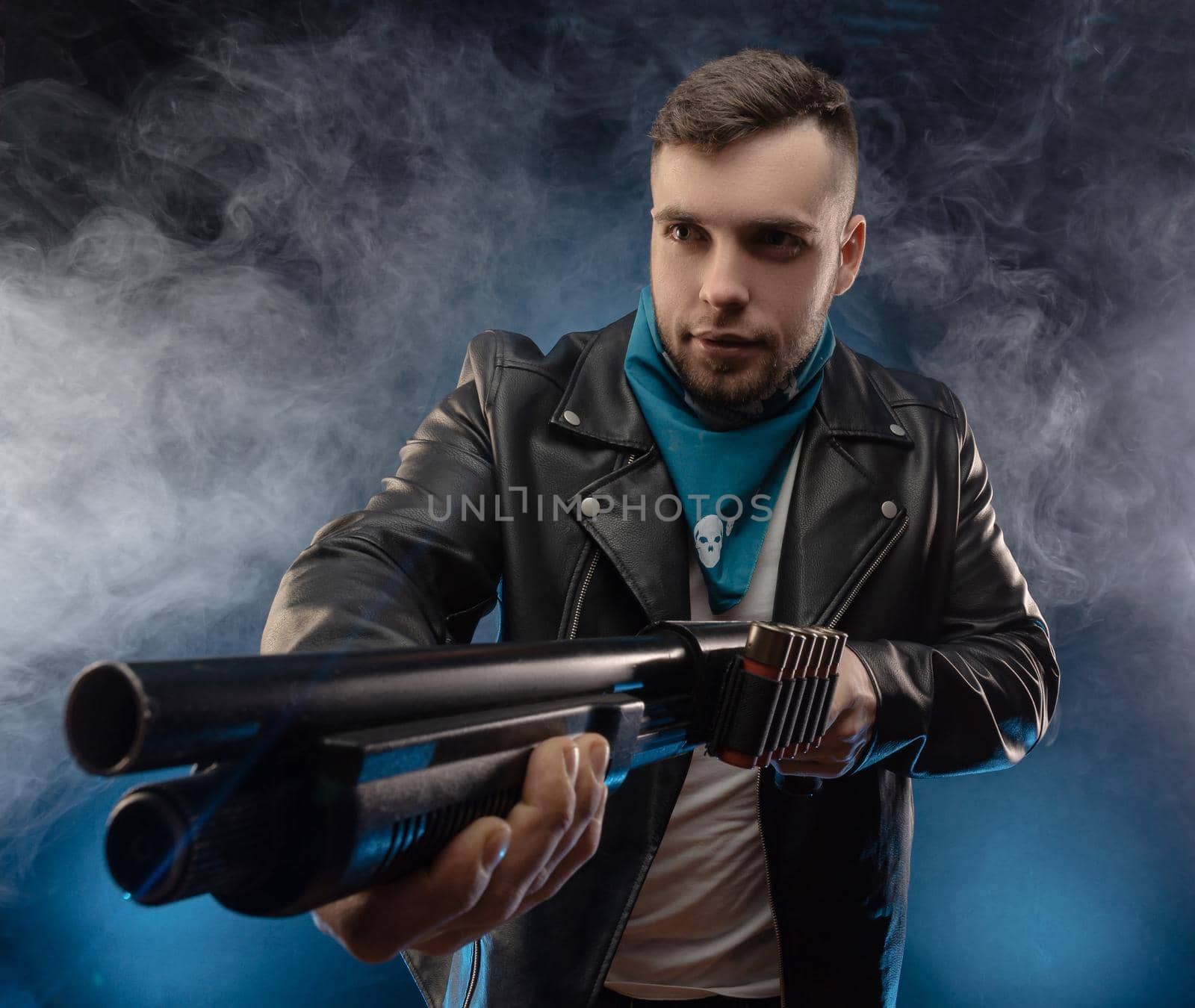 guy in a leather jacket with a shotgun by Rotozey