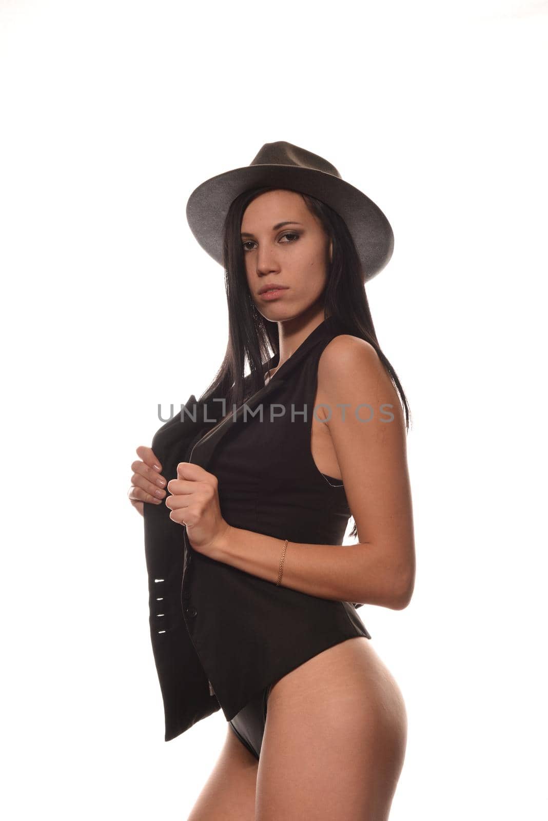 woman in black lingerie and a gray hat by zartarn