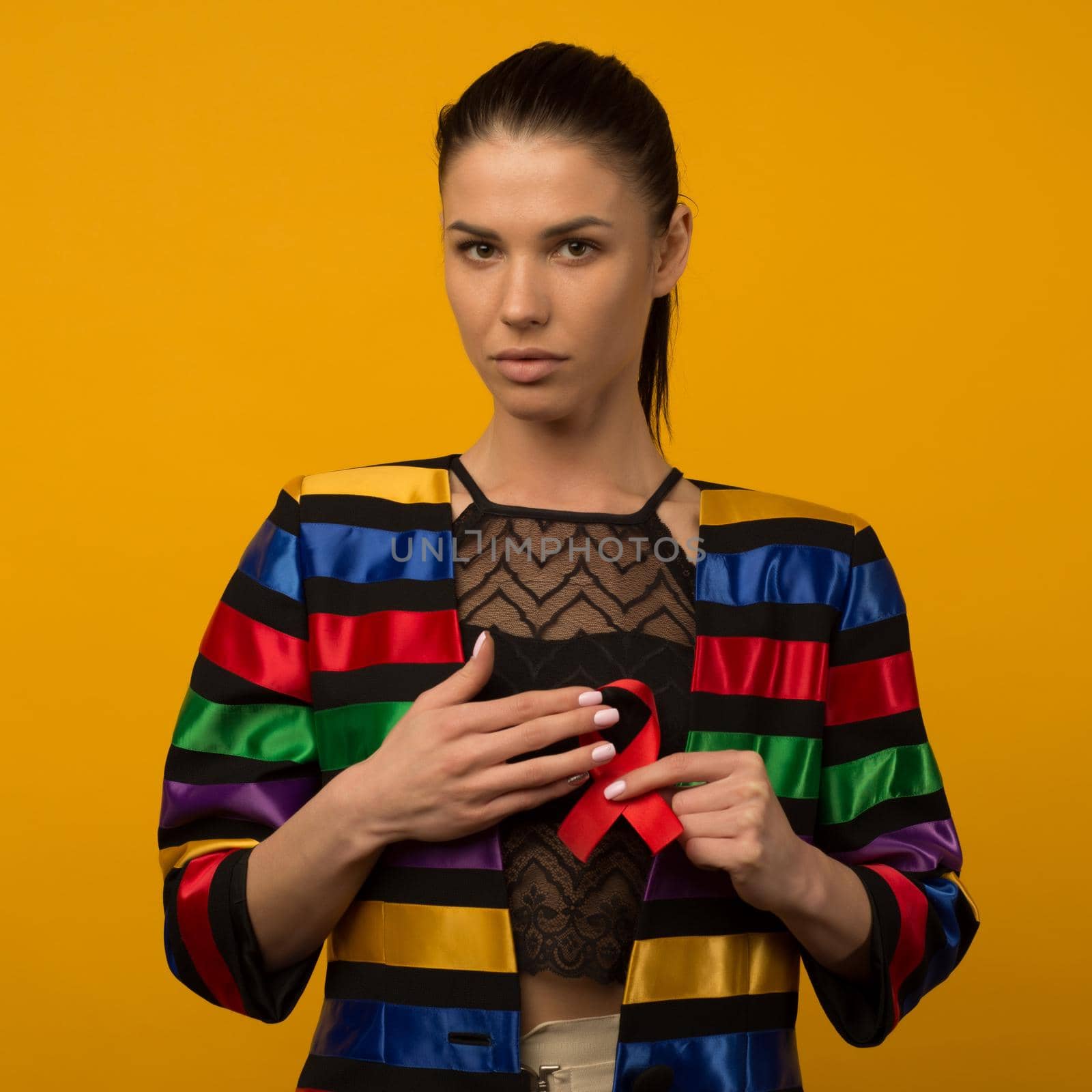 Woman Holds Red Ribbon to awareness world aids day Dec. 1 by zartarn