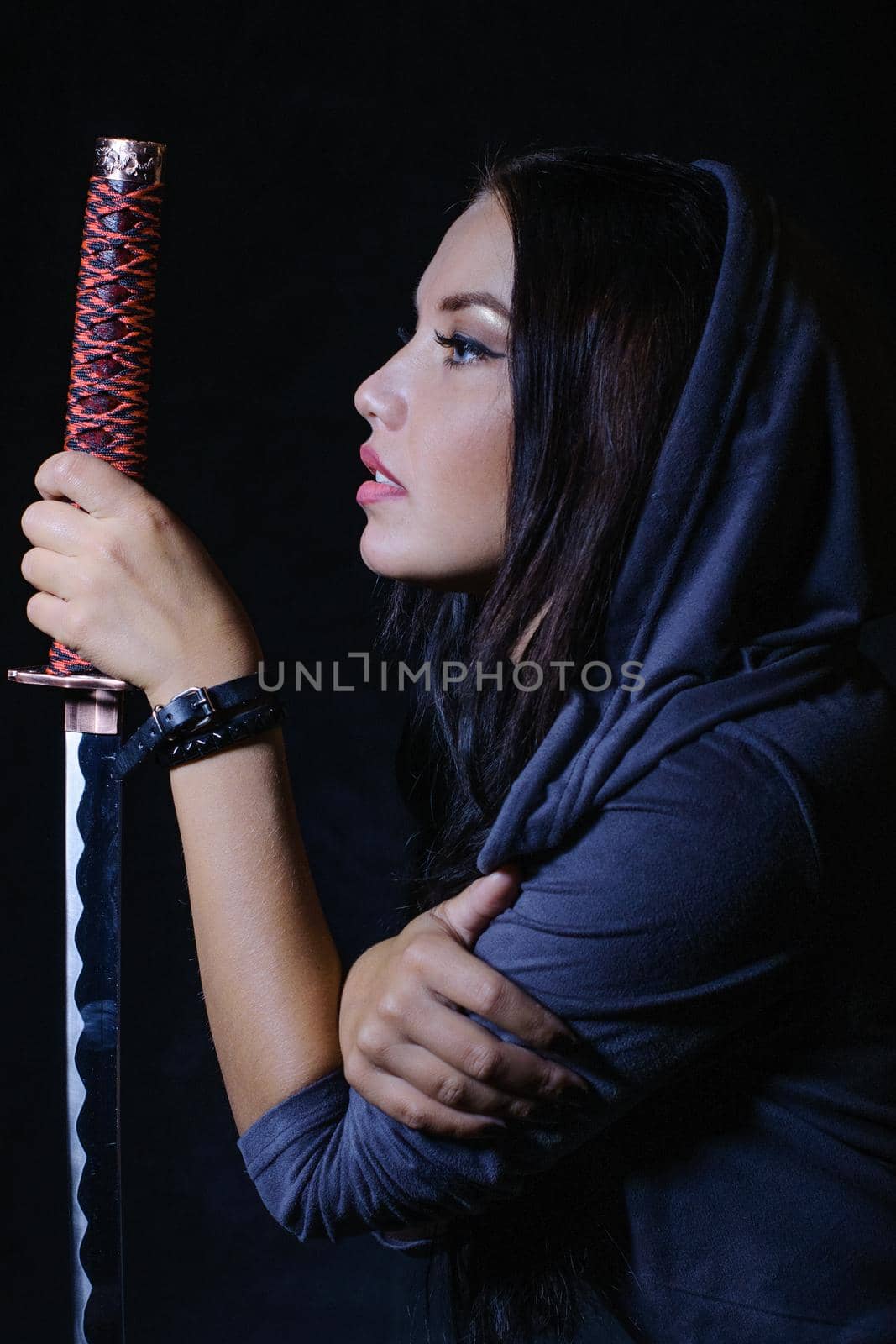 Anime stylized brunette with long hair holding a katana sword by zartarn