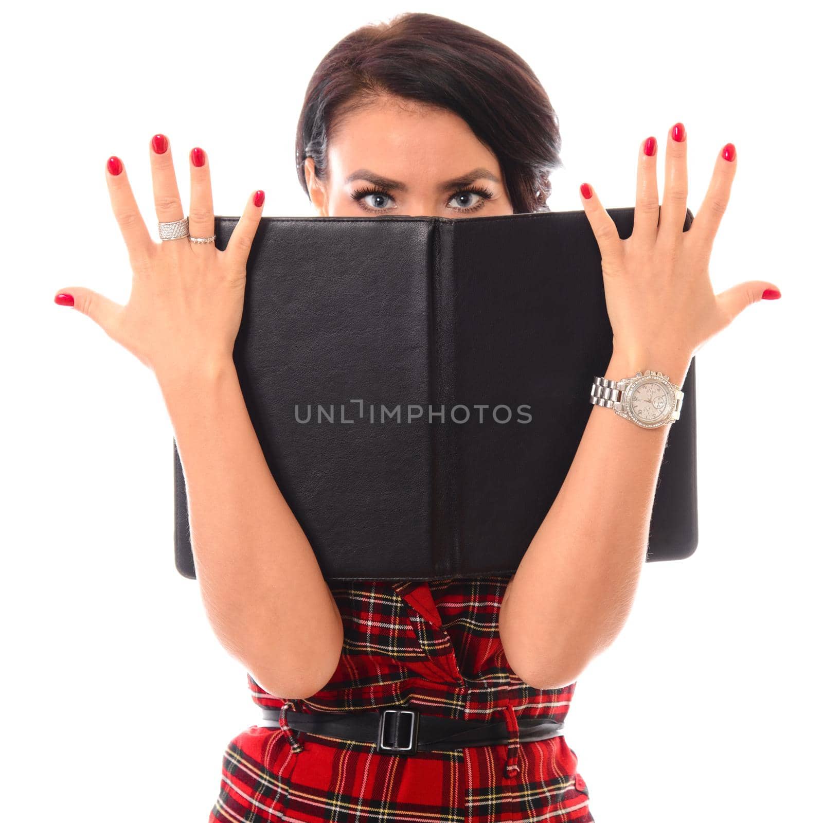 Youth and technology. Colorful studio portrait of young attractive brunette woman using tablet computer