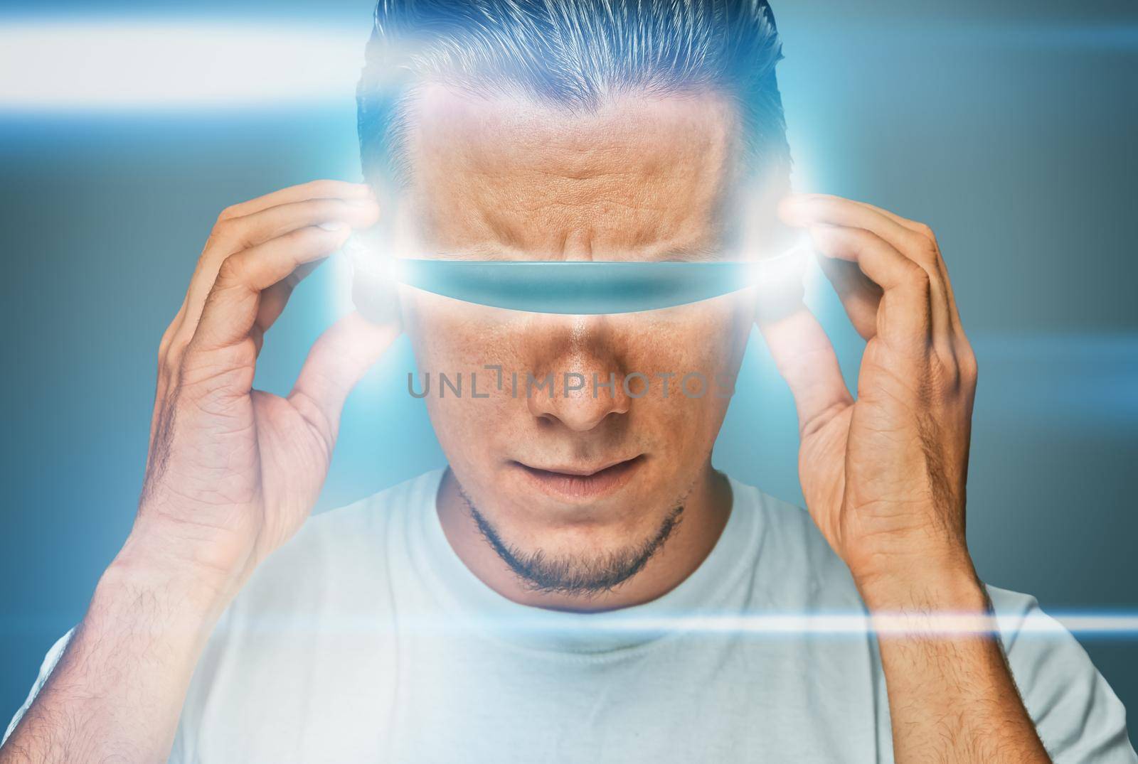 Serious man in hi-tech glasses, futuristic concept