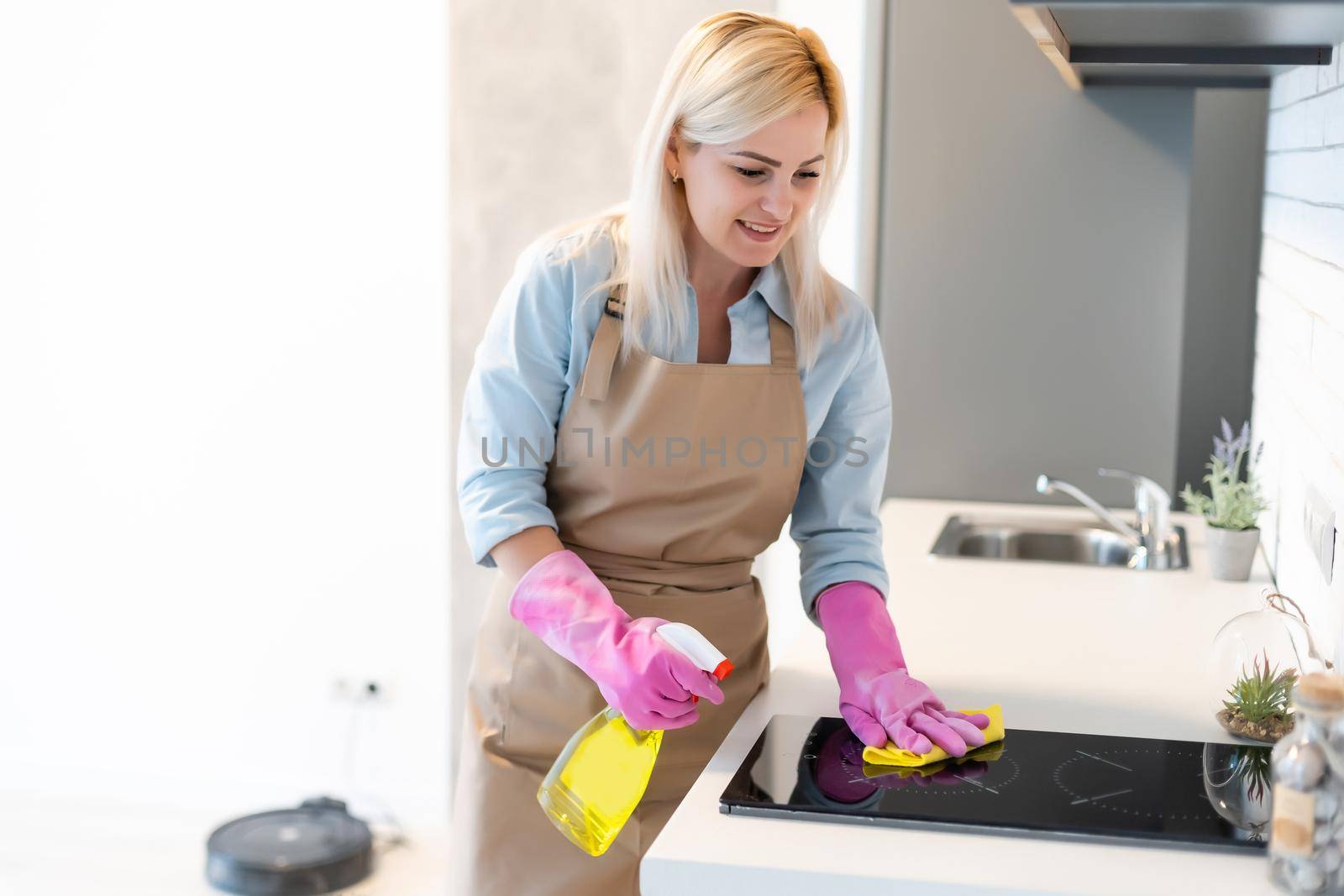 Young woman doing housework, cleaning the kitchen