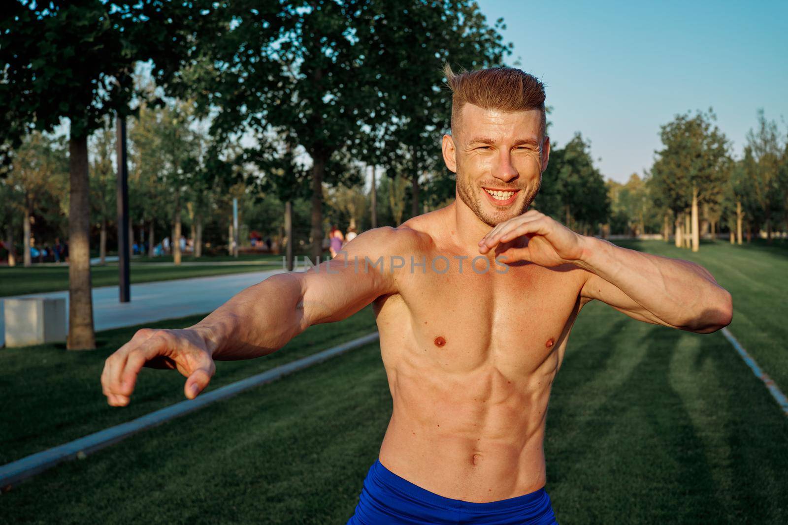 sports car pumped up cardio workout in the park. High quality photo