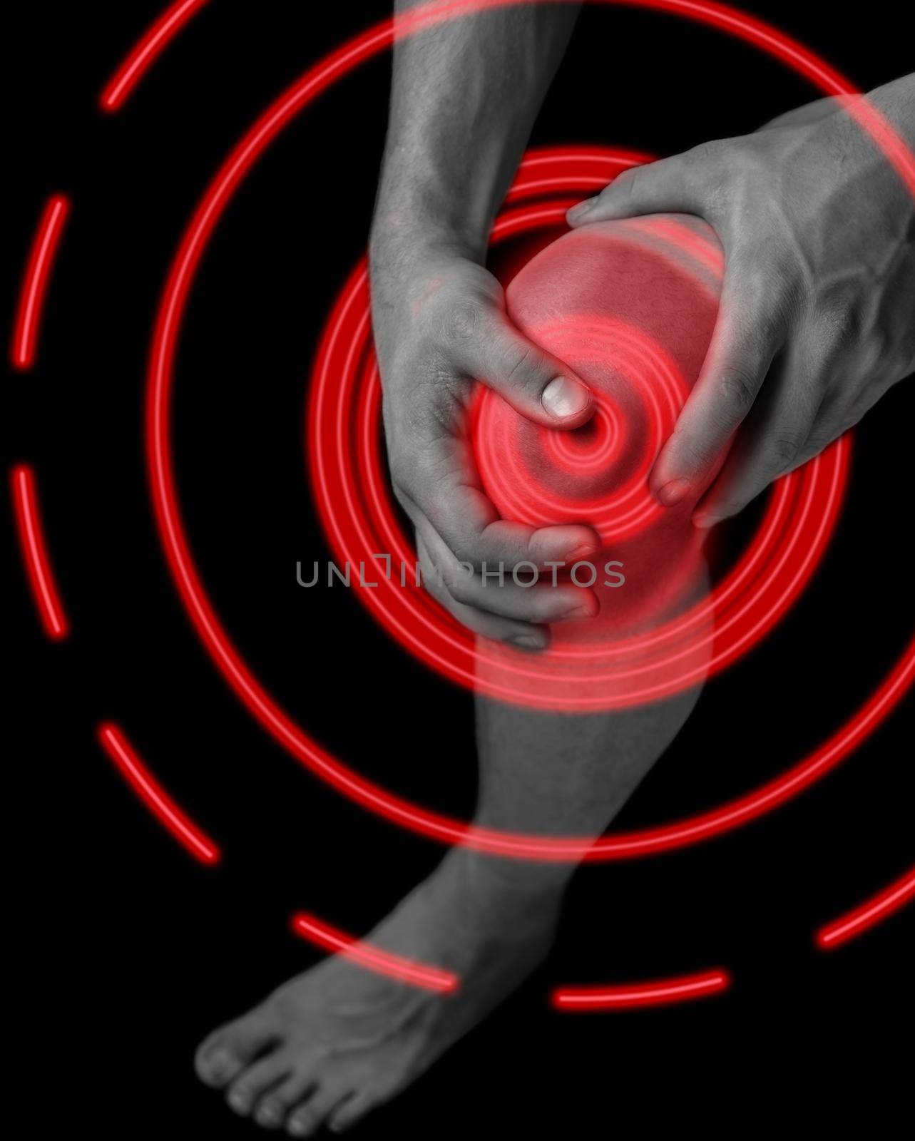 Pain in the male knee joint, monochrome image, pain area of red color