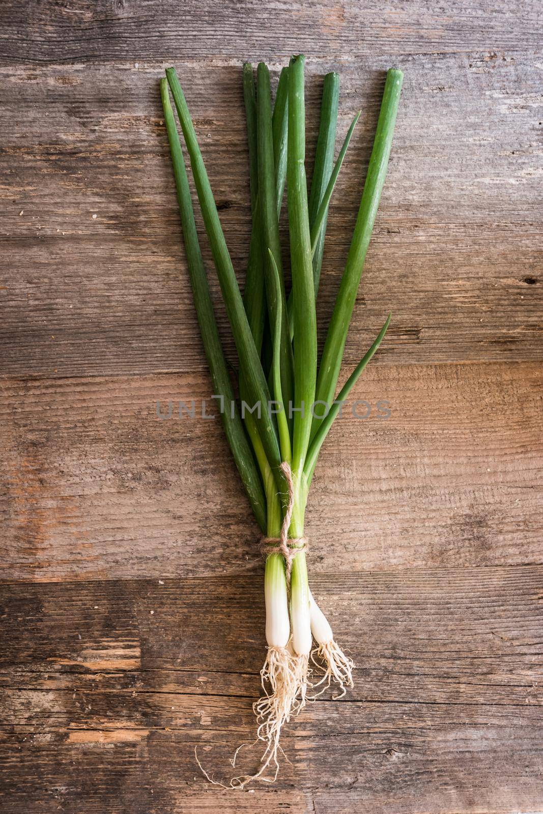 bynch of spring onion on wooden background