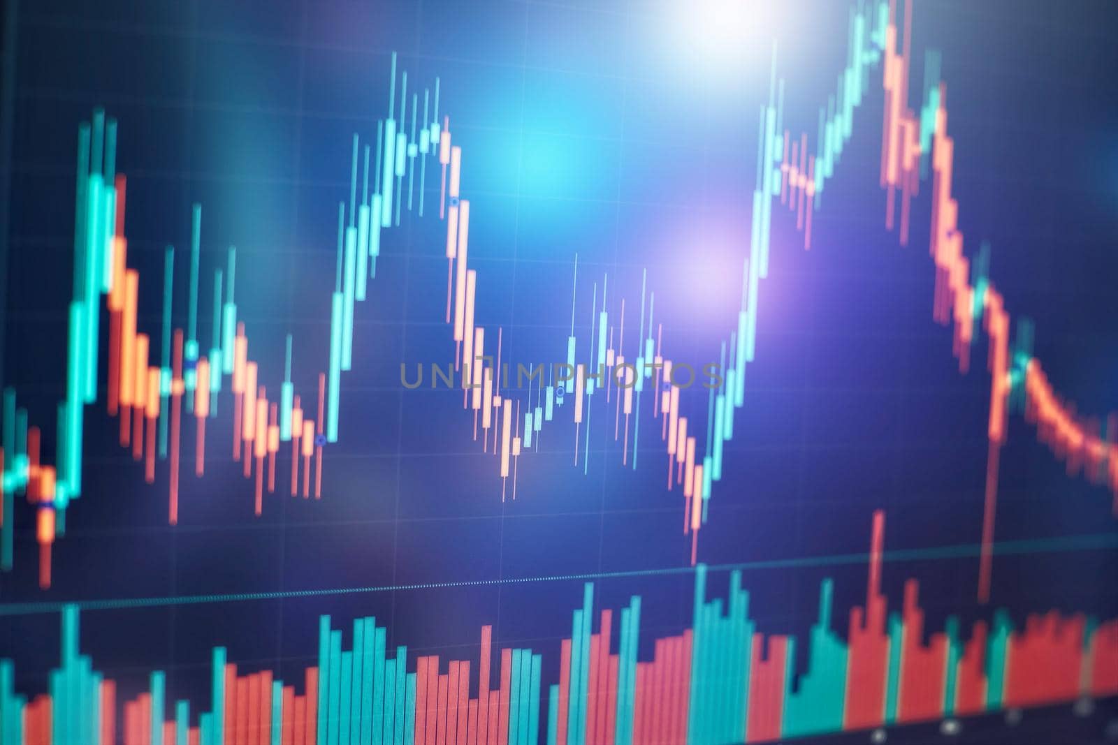 Technical price graph and indicator, red and green candlestick chart on blue theme screen, market volatility, up and down trend. Stock trading, crypto currency background .