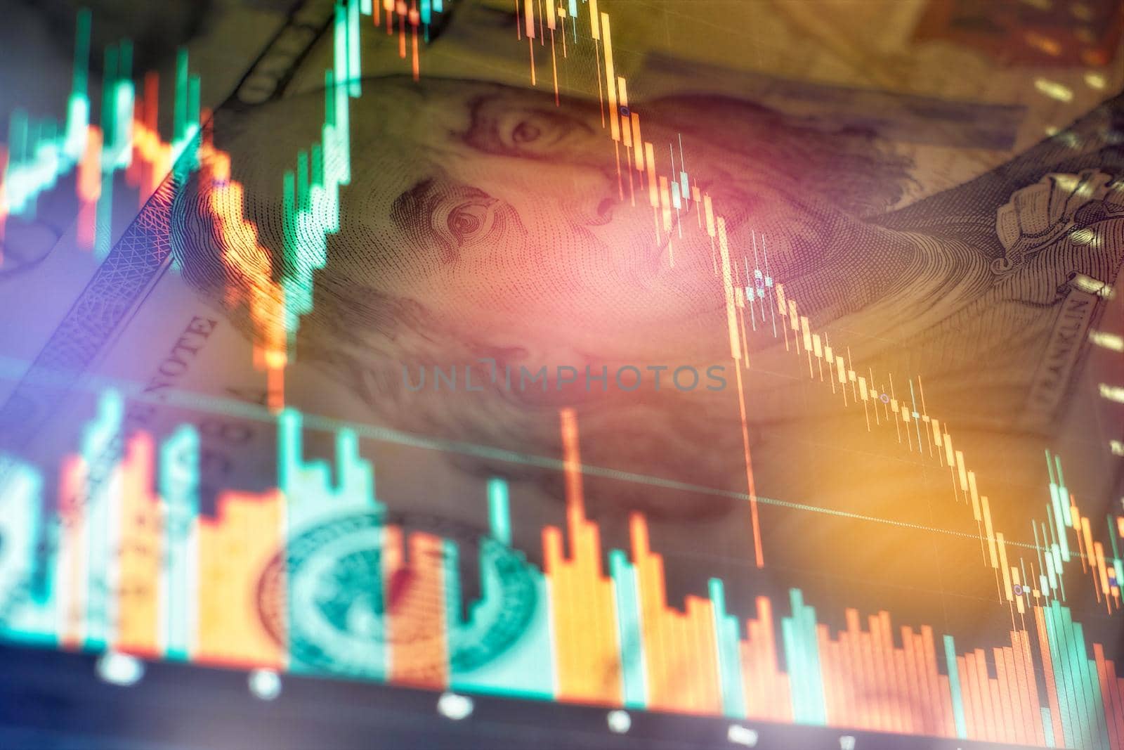 Technical price graph and indicator, red and green candlestick chart on blue theme screen, market volatility, up and down trend. Stock trading, crypto currency background. by Maximusnd