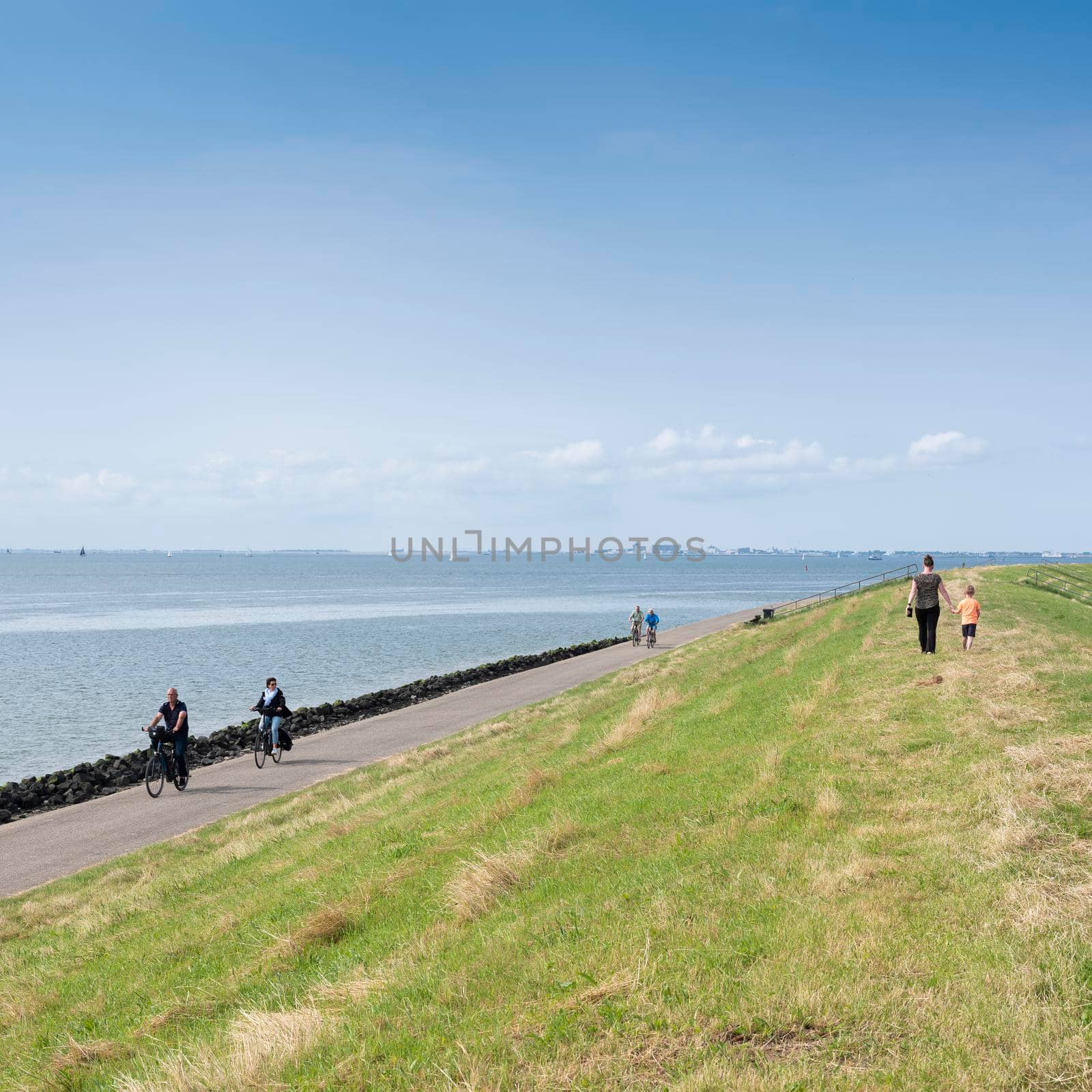 people walk and ride bicycle on dike near oudeschild on the dutch island of texel under blue sky in summer by ahavelaar