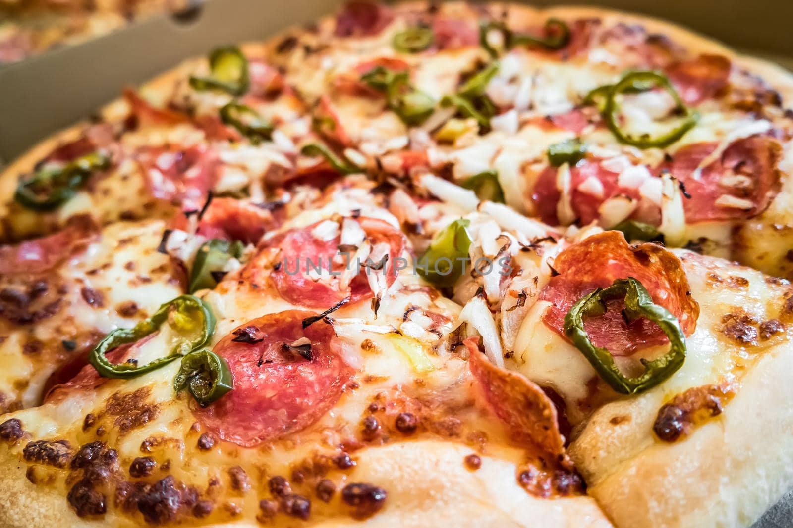 delicious spicy pizza with pepperonu and tomatos in portions