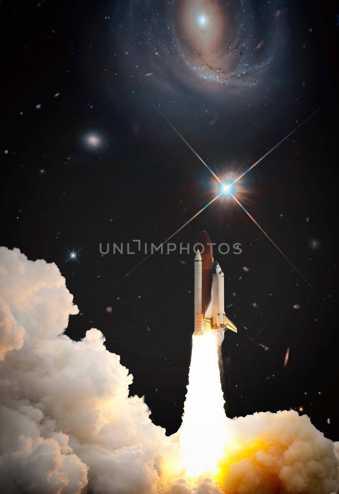Rockets launch into space on the starry sky. Rocket starts into space concept.Elements of this image furnished by NASA by Maximusnd