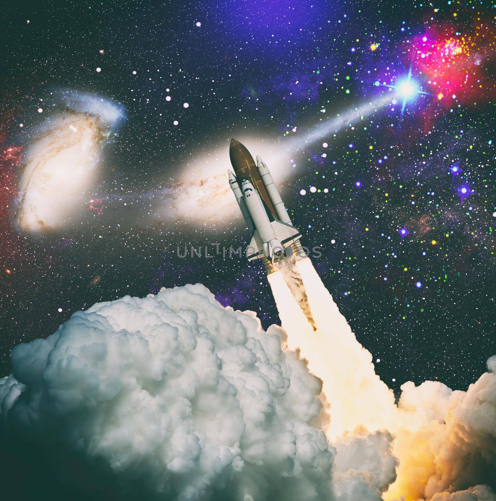 Spaceship takes off into the starry sky. Launch of Space . Elements of this image furnished by NASA by Maximusnd
