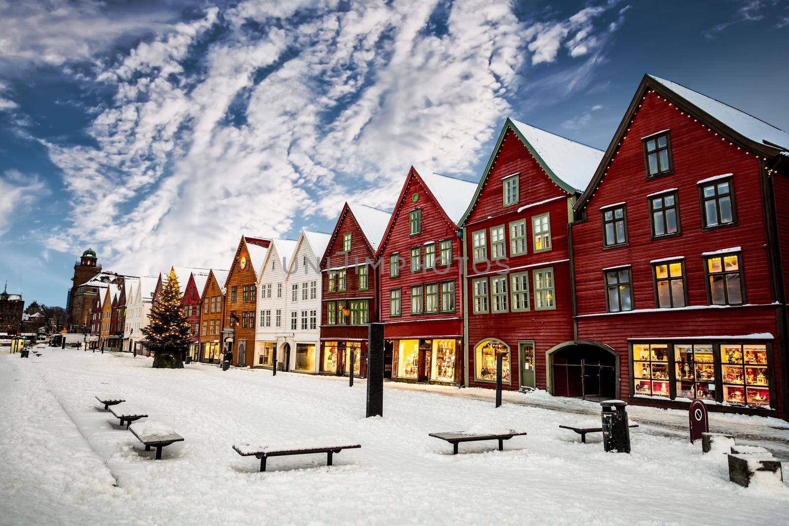 Famous Bryggen street with wooden colored houses in Bergen at Christmas, Norway
