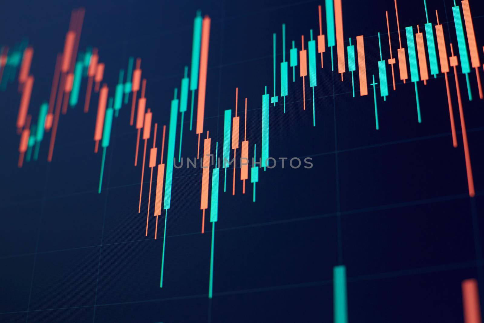 New modern computer and business strategy as concept. Financial diagram with candlestick chart used in market analysis for variation report of share price .