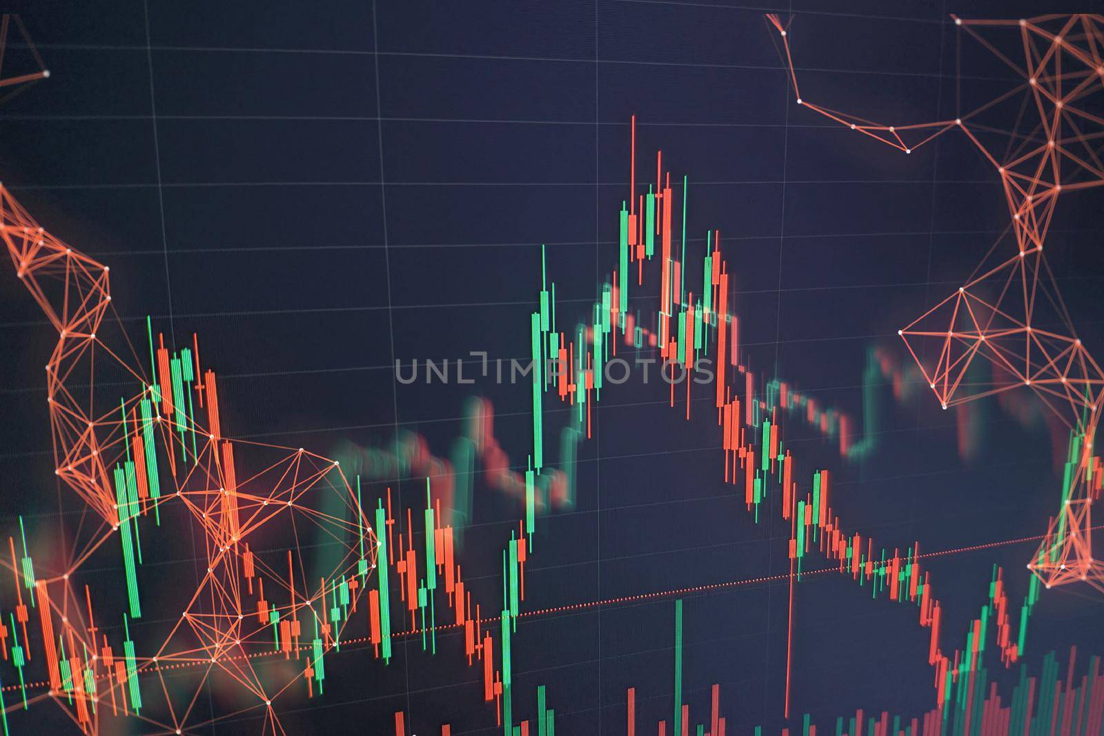 stock indexes in virtual space. Economic growth, recession. Electronic virtual platform showing trends and stock market fluctuations