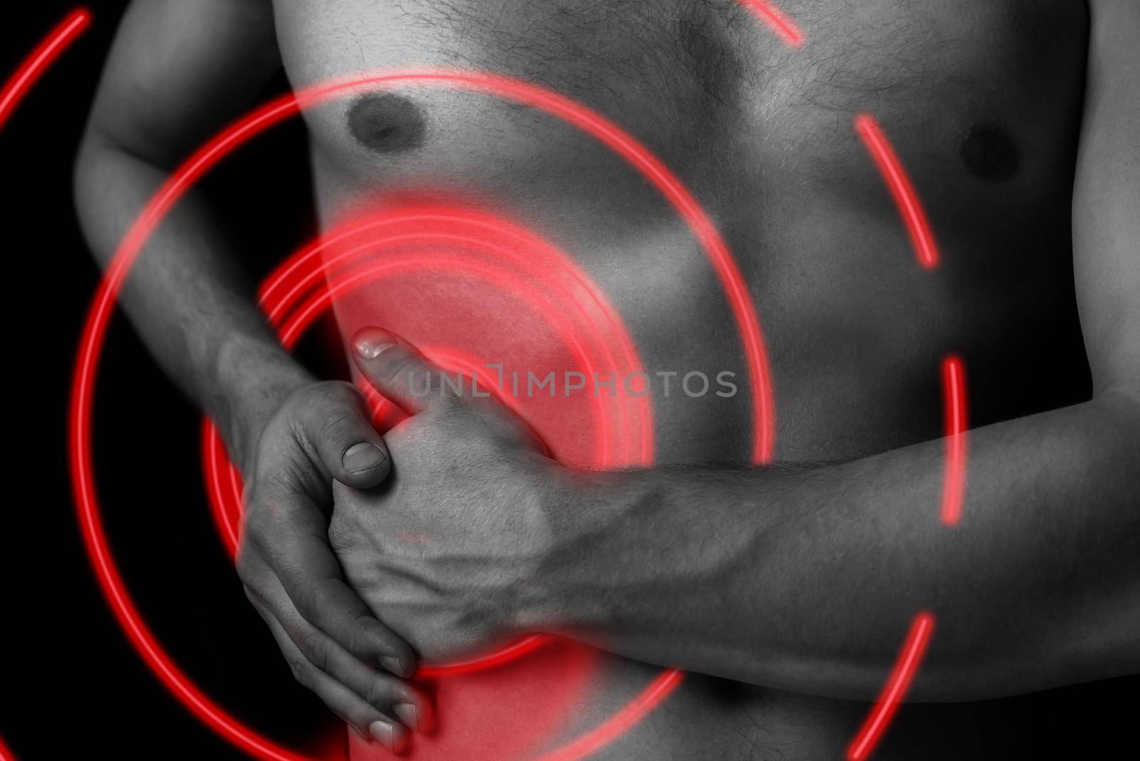 Man holds on the right side of the abdomen, concept of pain, pain area of red color