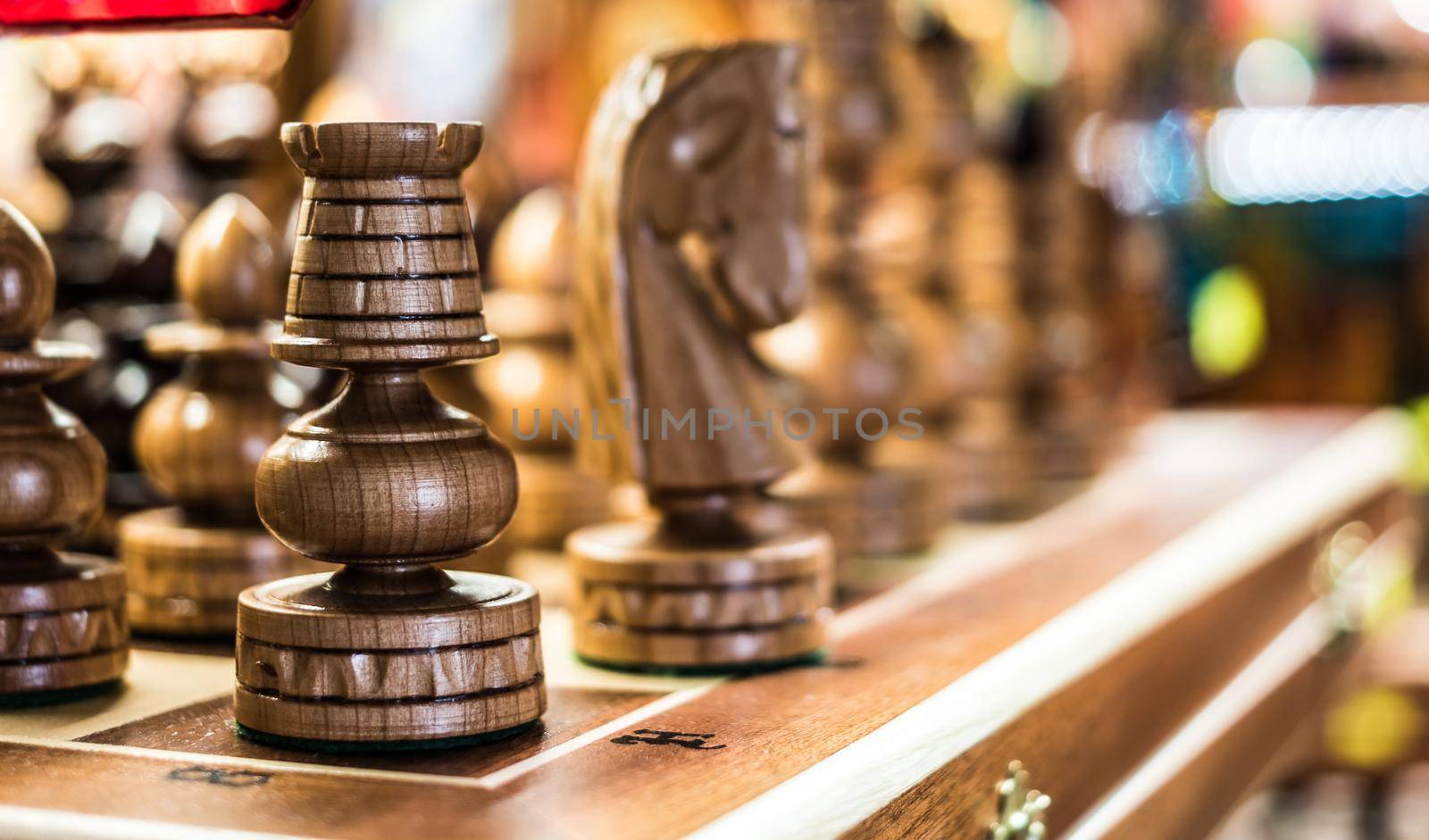macro of wooden chess on board in a shop