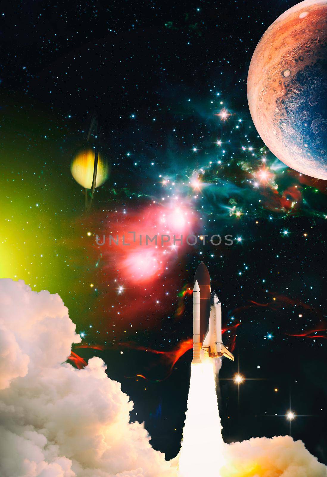 Rocket launch. Rocket with smoke flies into space. Space Shuttle .Spaceship begins the mission. Elements of this image furnished by NASA