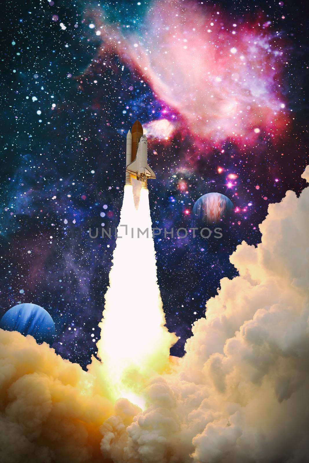 Rocket launch. Rocket with smoke flies into space. Space Shuttle .Spaceship begins the mission. Elements of this image furnished by NASA by Maximusnd