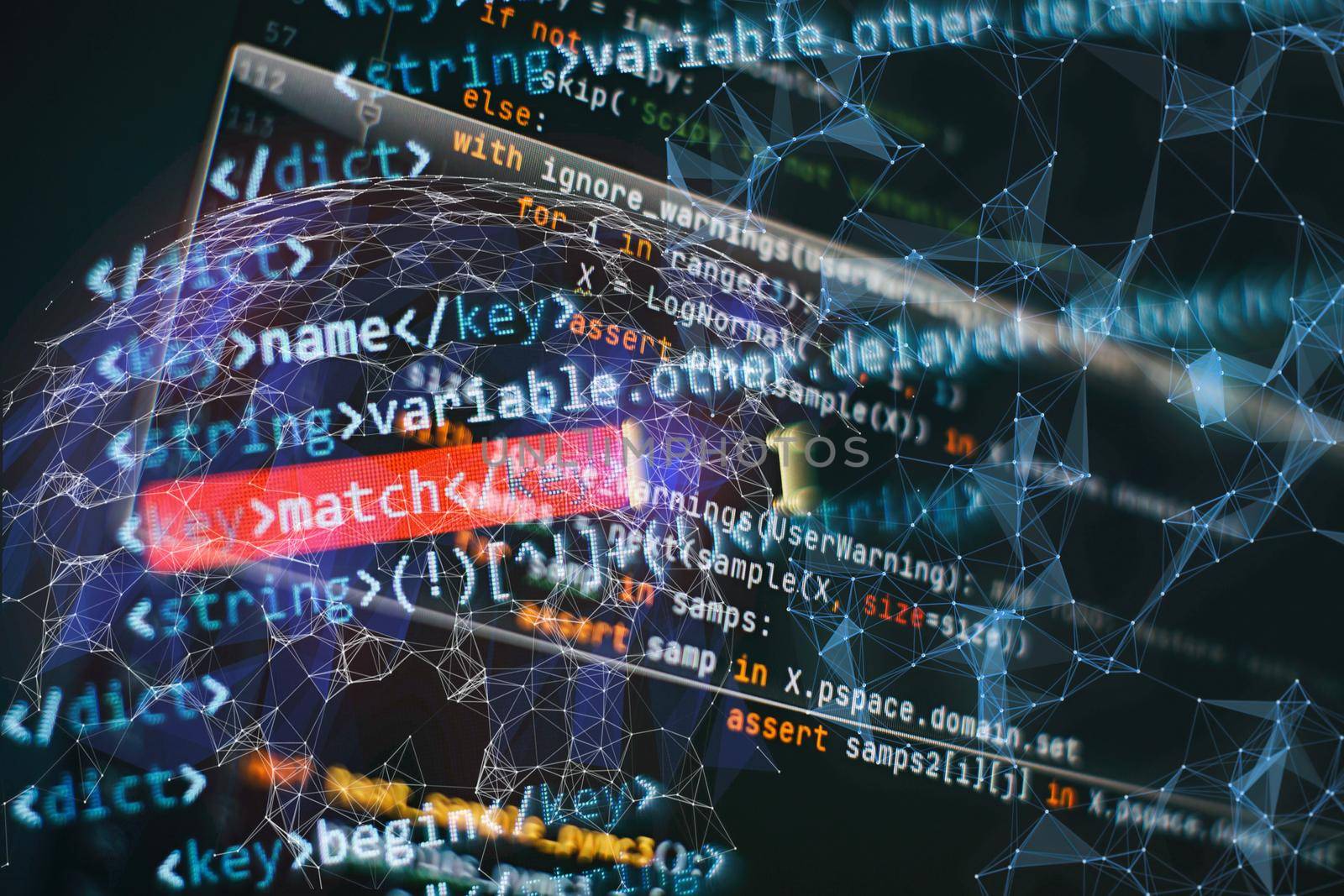 SEO optimization. Modern tech. PHP syntax highlighted. Writing programming functions on laptop. Big data and Internet of things trend.