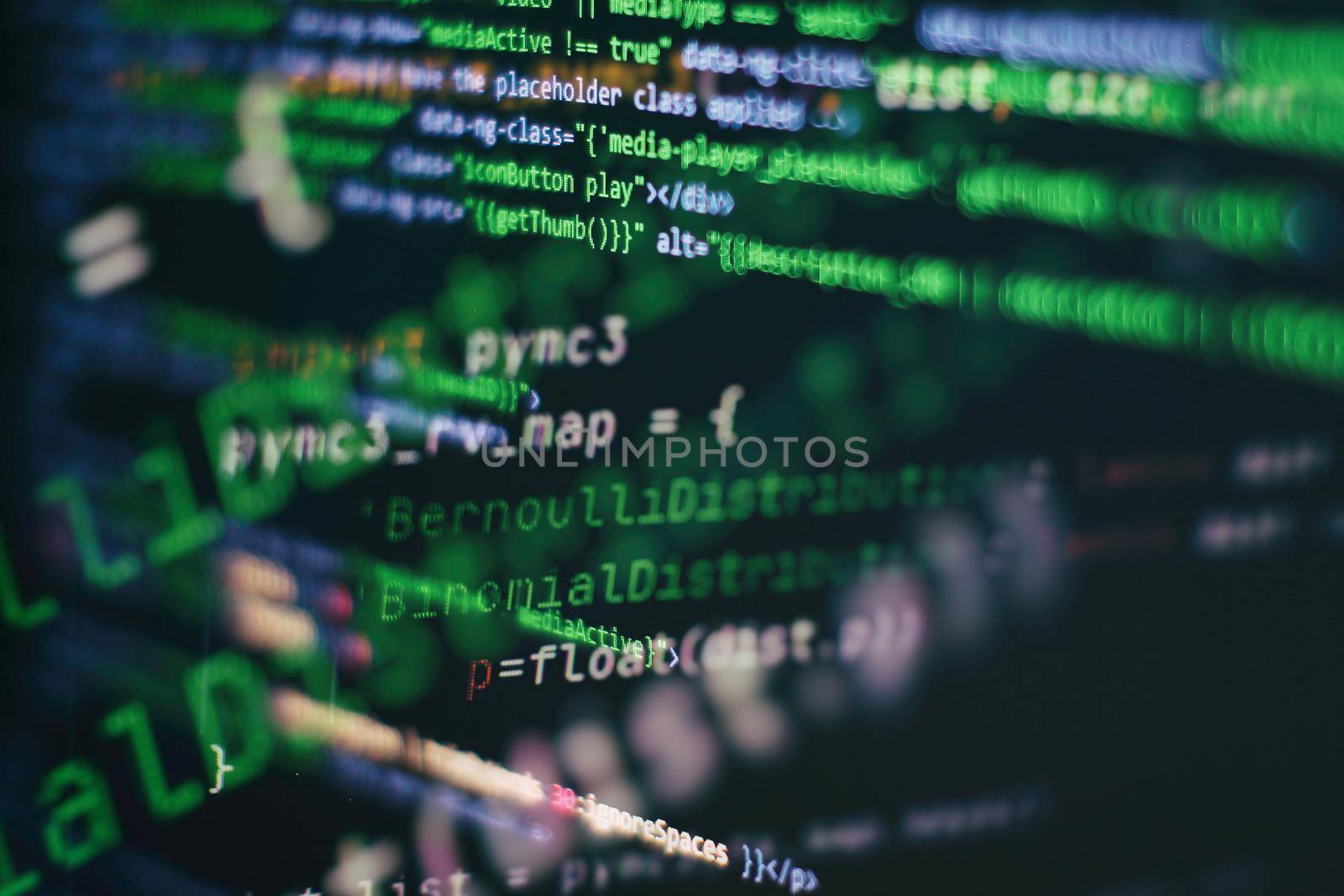 Hacker background, Programmer working in desktop laptop, Blurred screen with selective focus, JS, Closeup cooperating in web specialist apps, Tech source apps