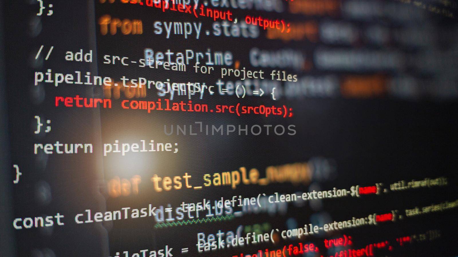 Hacker background, Programmer working in desktop laptop, Blurred screen with selective focus, JS, Closeup cooperating in web specialist apps, Tech source apps