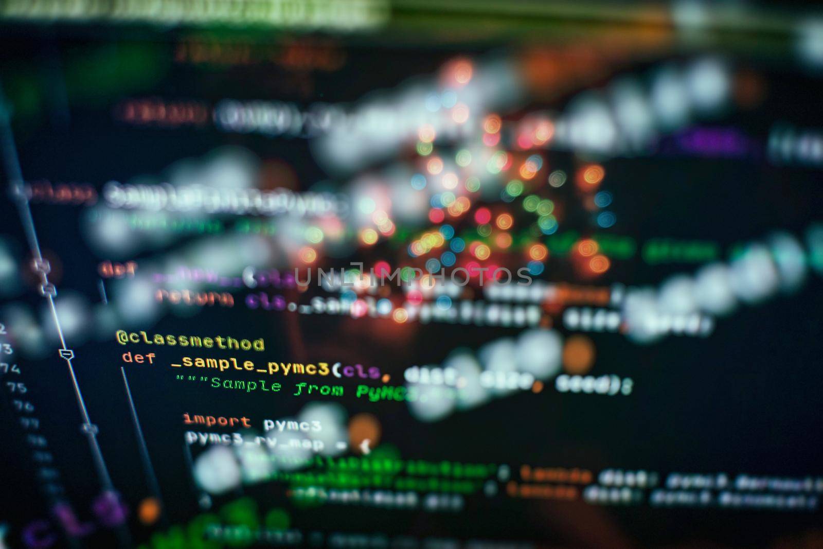 Hacker background, Programmer working in desktop laptop, Blurred screen with selective focus, JS, Closeup cooperating in web specialist apps, Tech source apps