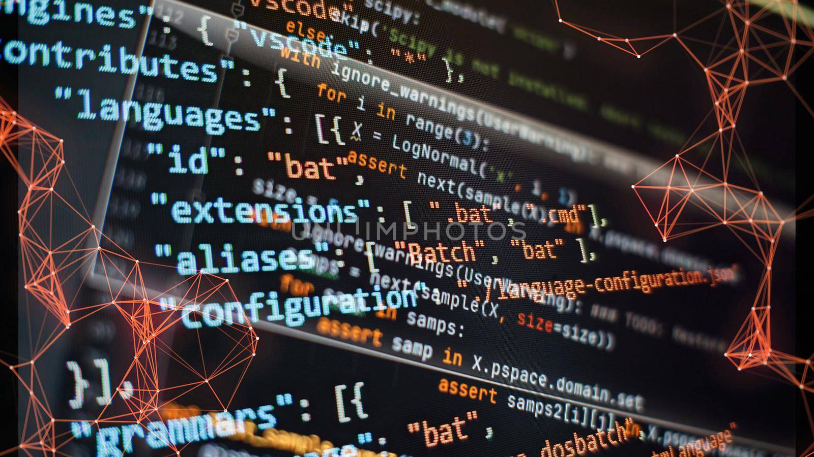 Website development. Developer working on program codes in office. Computer program. Programmer workplace. Programming code. Software source code.