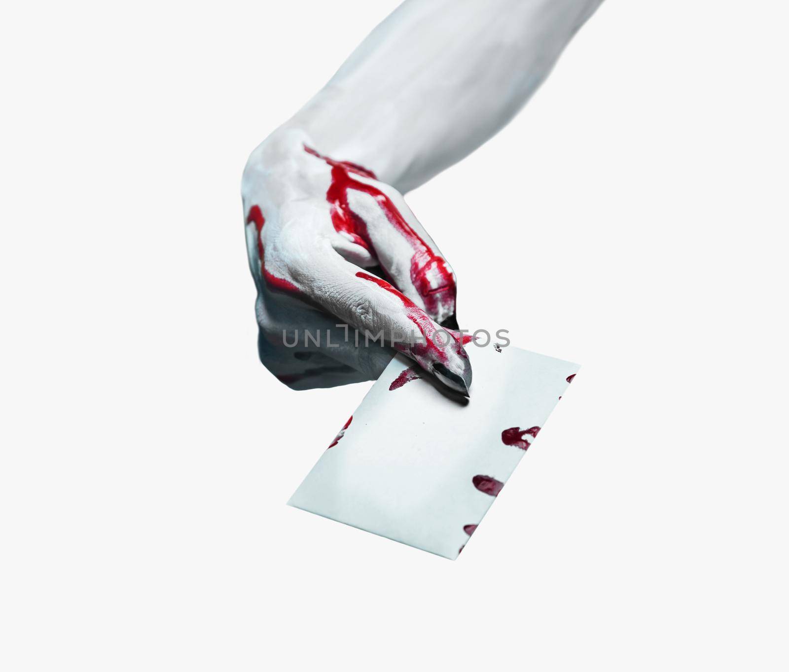 Vampire bloody hand gives empty card on white background, space for text. Halloween/horror theme