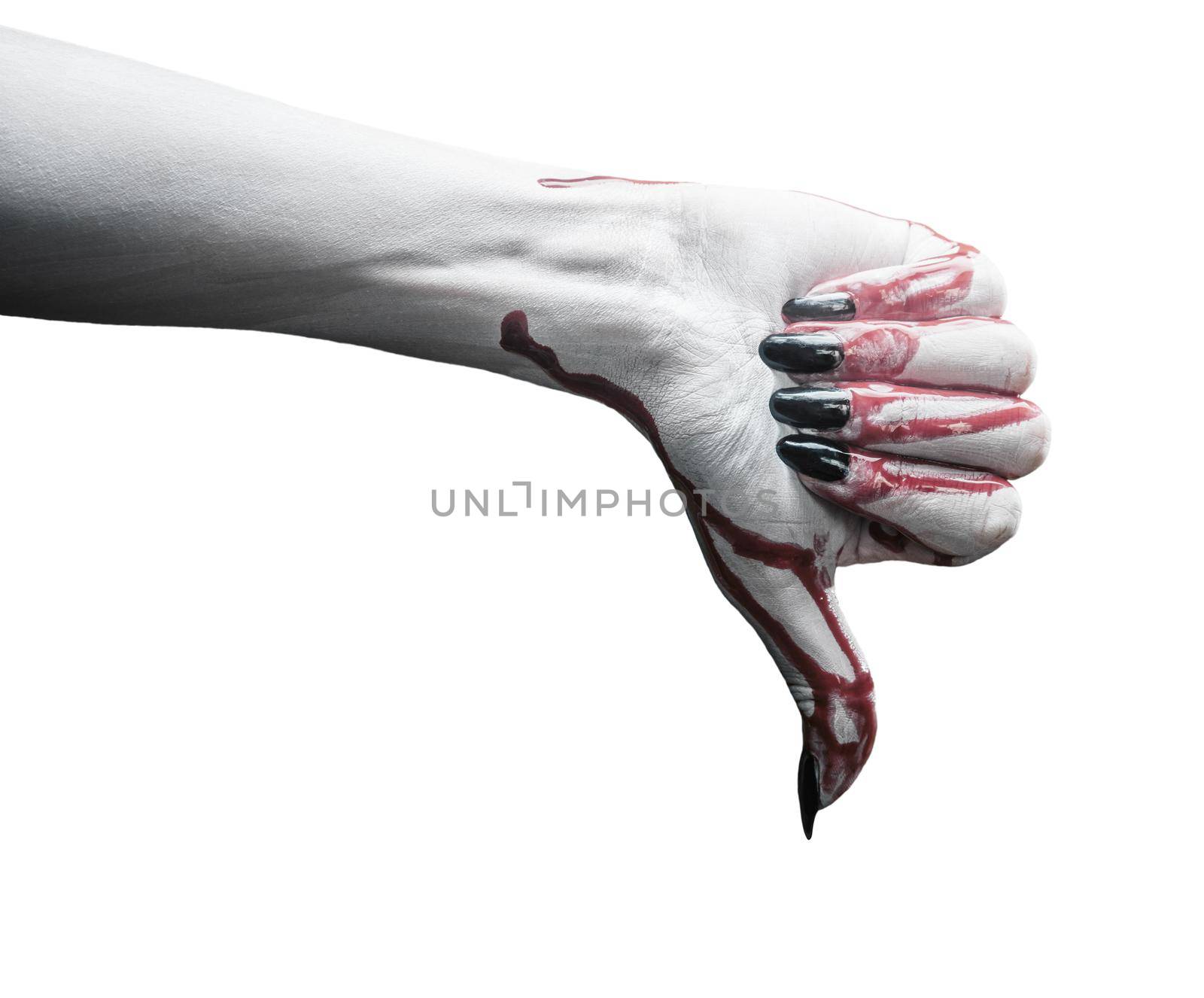 Vampire hand in blood with thumb downgesture on white background. Halloween or horror theme