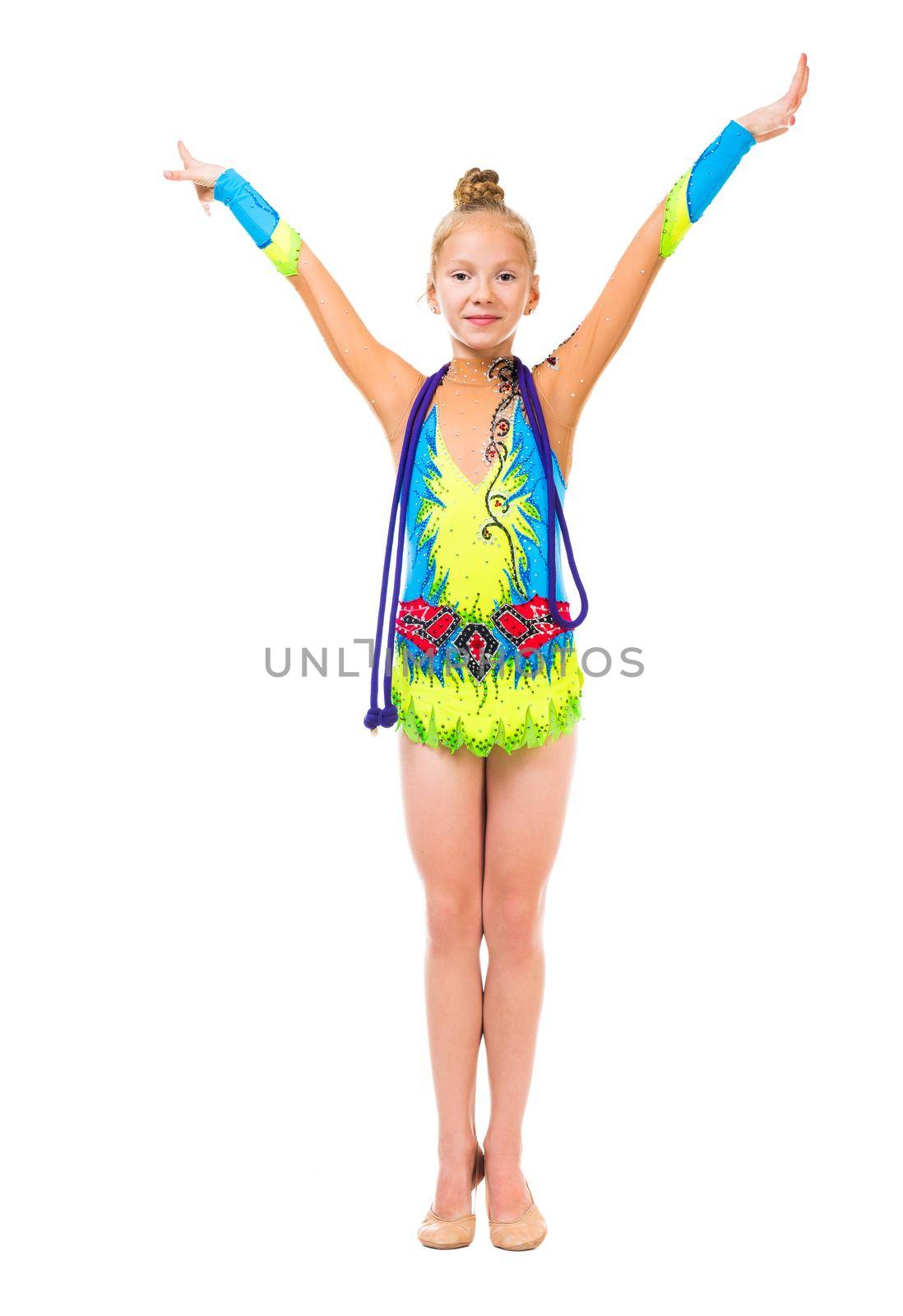 little gymnast doing standard with hands up isolated on white background
