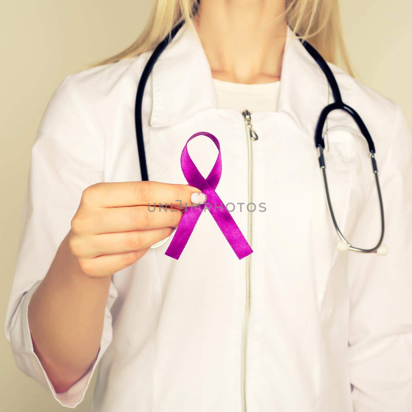 Female doctor in white uniform with purple awareness of ribbon in hand for ADD,ADHD,Alzheimer Disease ,Arnold Chiari Malformation,Childhood Hemiplegia stroke, Epilepsy, Chronic Acute Pain,Crohns - Image