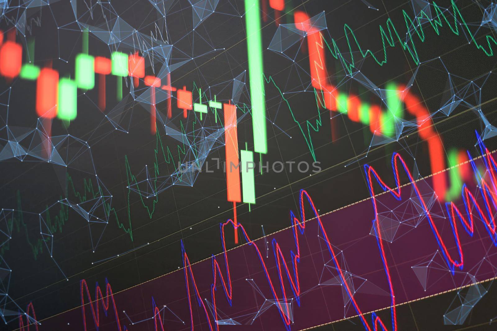 stock indexes in virtual space. Economic growth, recession. Electronic virtual platform showing trends and stock market fluctuations