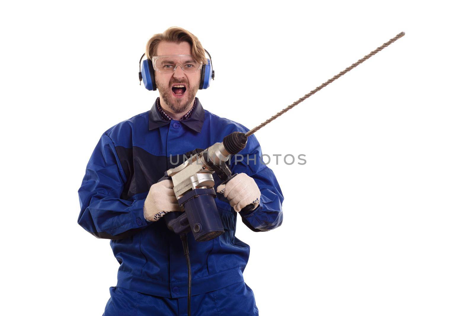 Construction worker with a puncher scream on a white background.