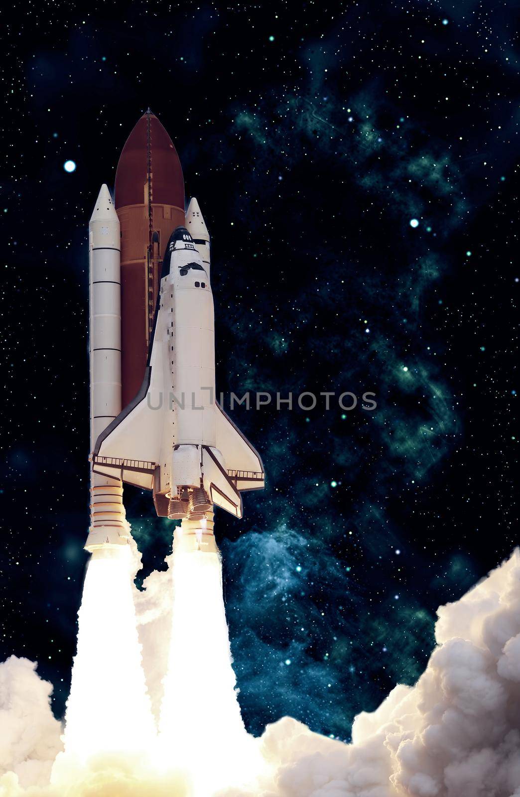 Rocket launch. Rocket with smoke flies into space. Space Shuttle .Spaceship begins the mission. Elements of this image furnished by NASA by Maximusnd