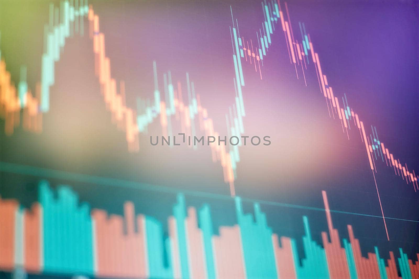 Technical price graph and indicator, red and green candlestick chart on blue theme screen, market volatility, up and down trend. Stock trading, crypto currency background .