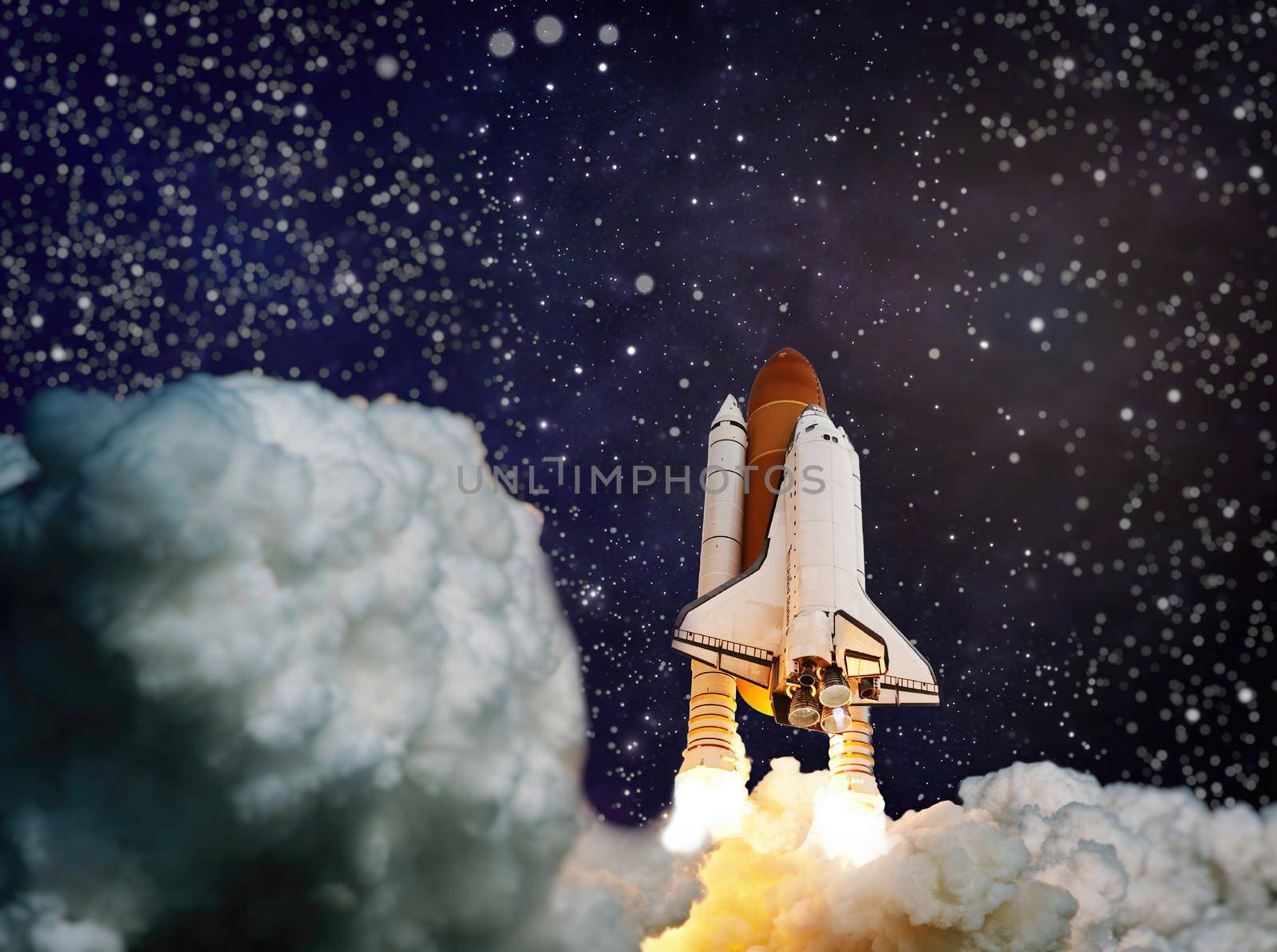 Spaceship takes off into the starry sky. Launch of Space . Elements of this image furnished by NASA