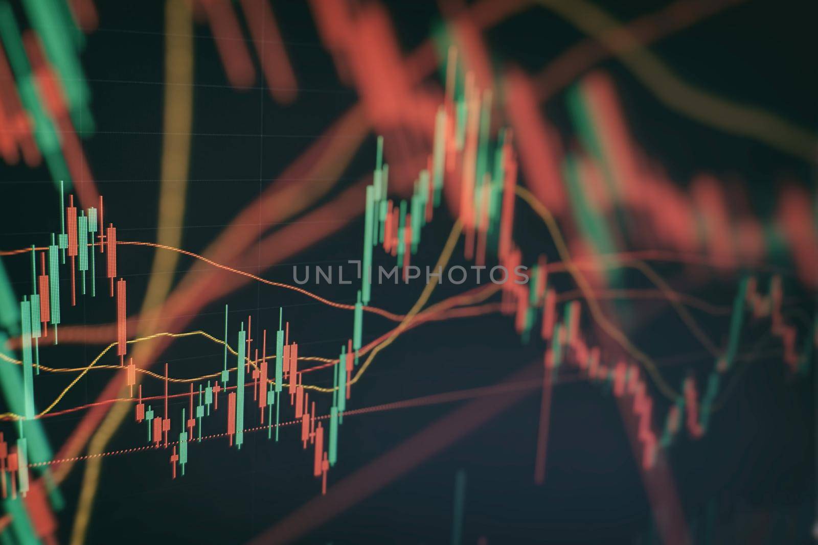 indicators including volume analysis for professional technical analysis on the monitor of a computer. Fundamental and technical analysis concept.