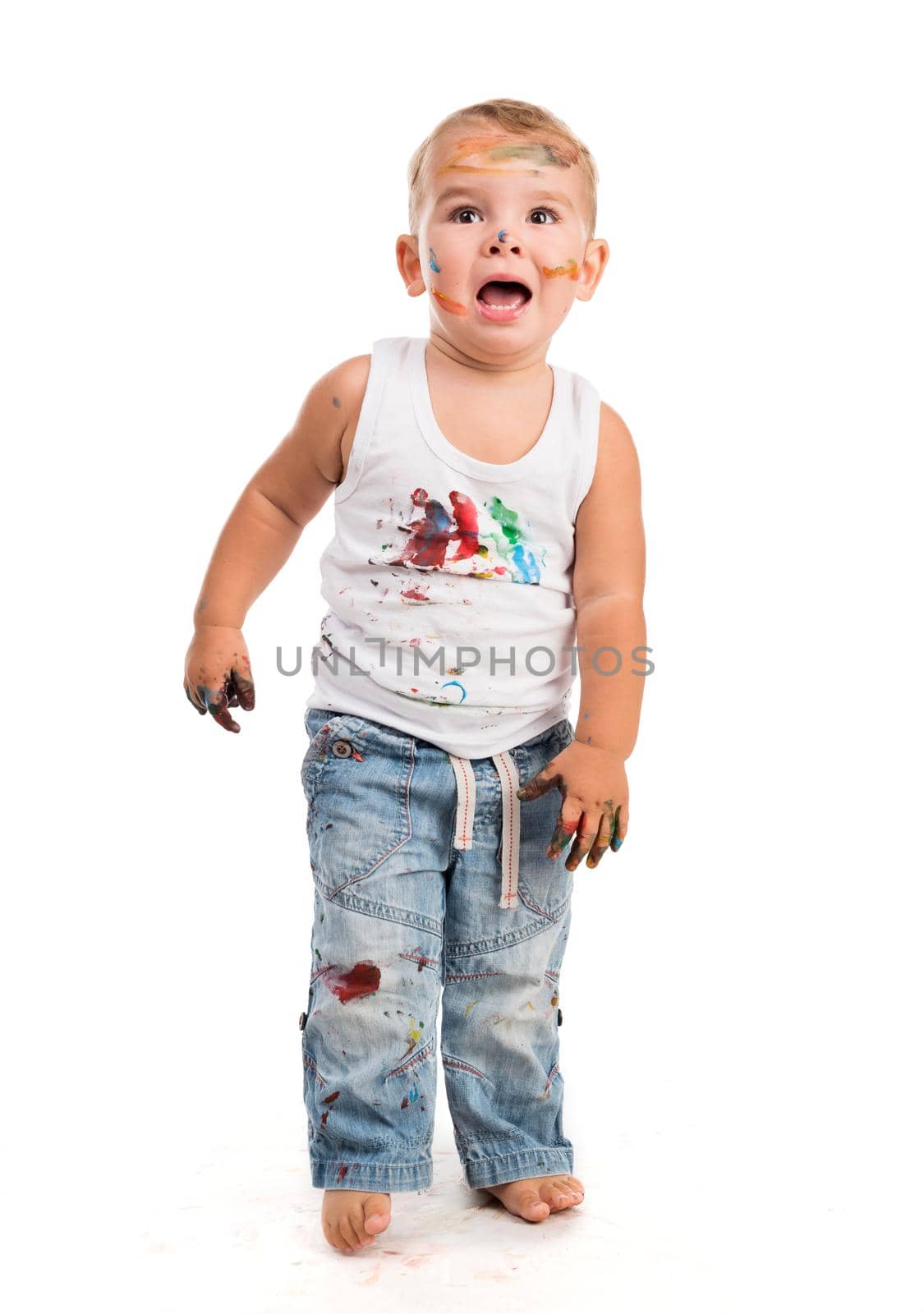 little boy painted with colors isolated on white background