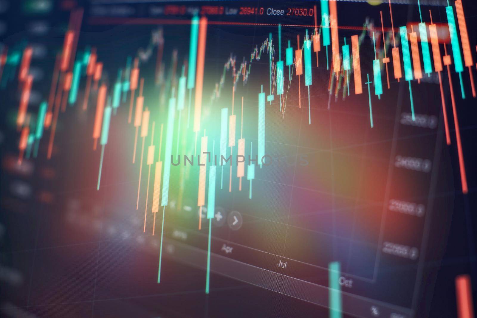 New modern computer and business strategy as concept. Financial diagram with candlestick chart used in market analysis for variation report of share price .