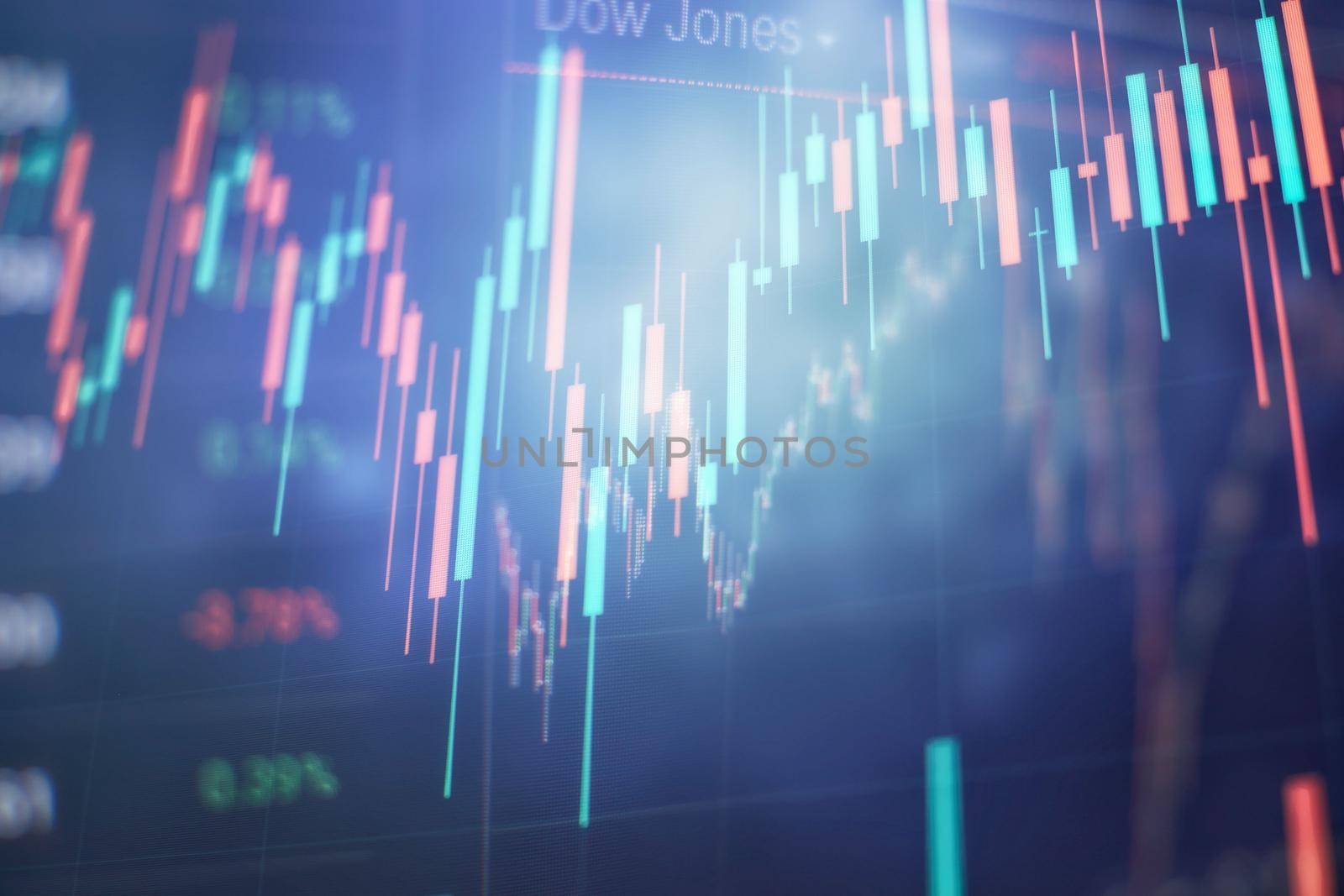 New modern computer and business strategy as concept. Financial diagram with candlestick chart used in market analysis for variation report of share price .