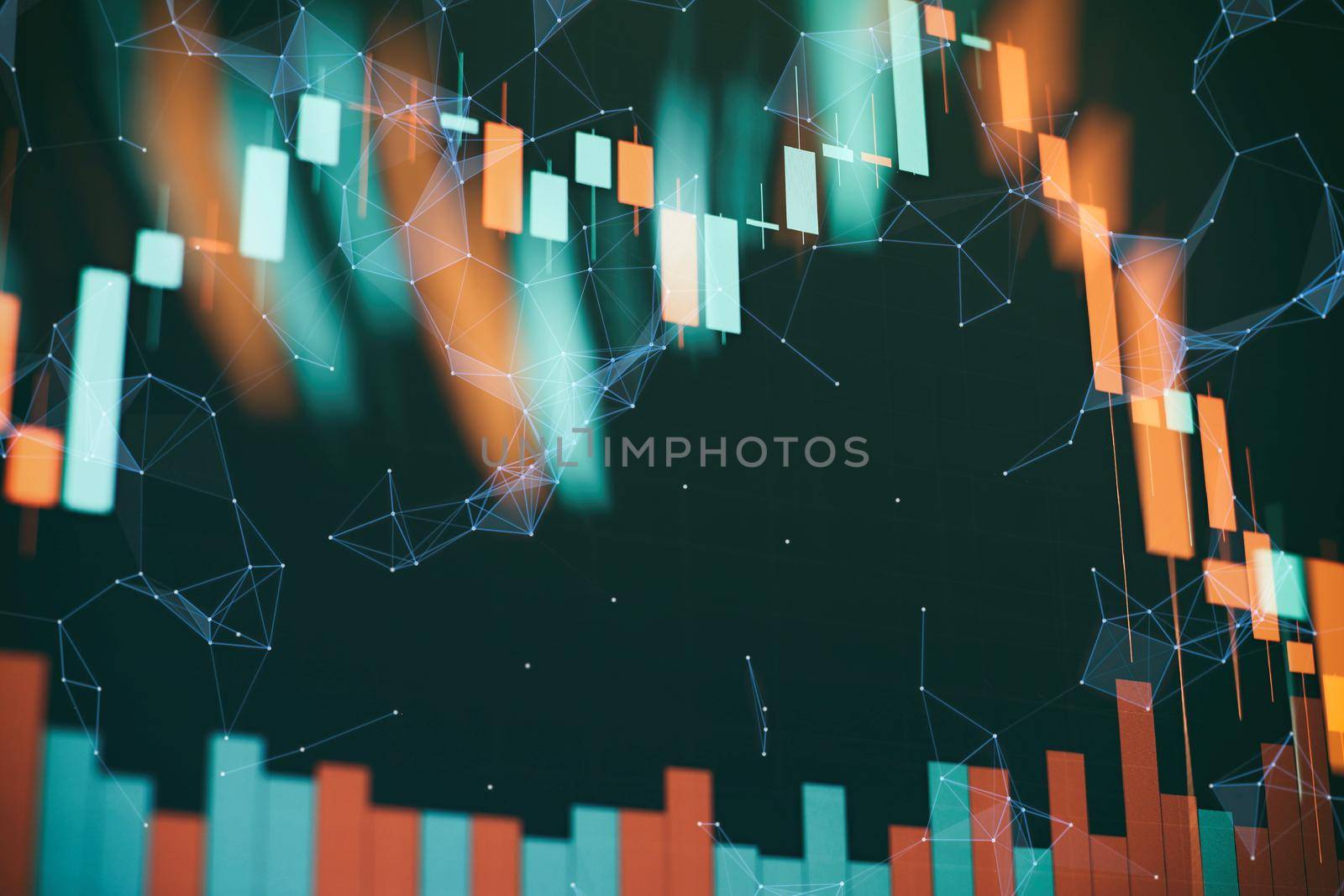 indicators including volume analysis for professional technical analysis on the monitor of a computer. Fundamental and technical analysis concept.