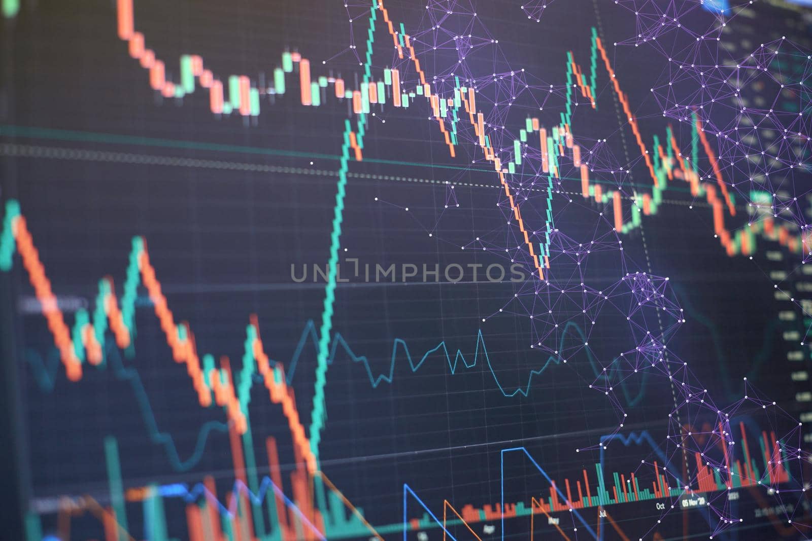 Bar graphs, Diagrams, financial figures. Forex chart. Concept of stock market and fintech.Futuristic financial interface .