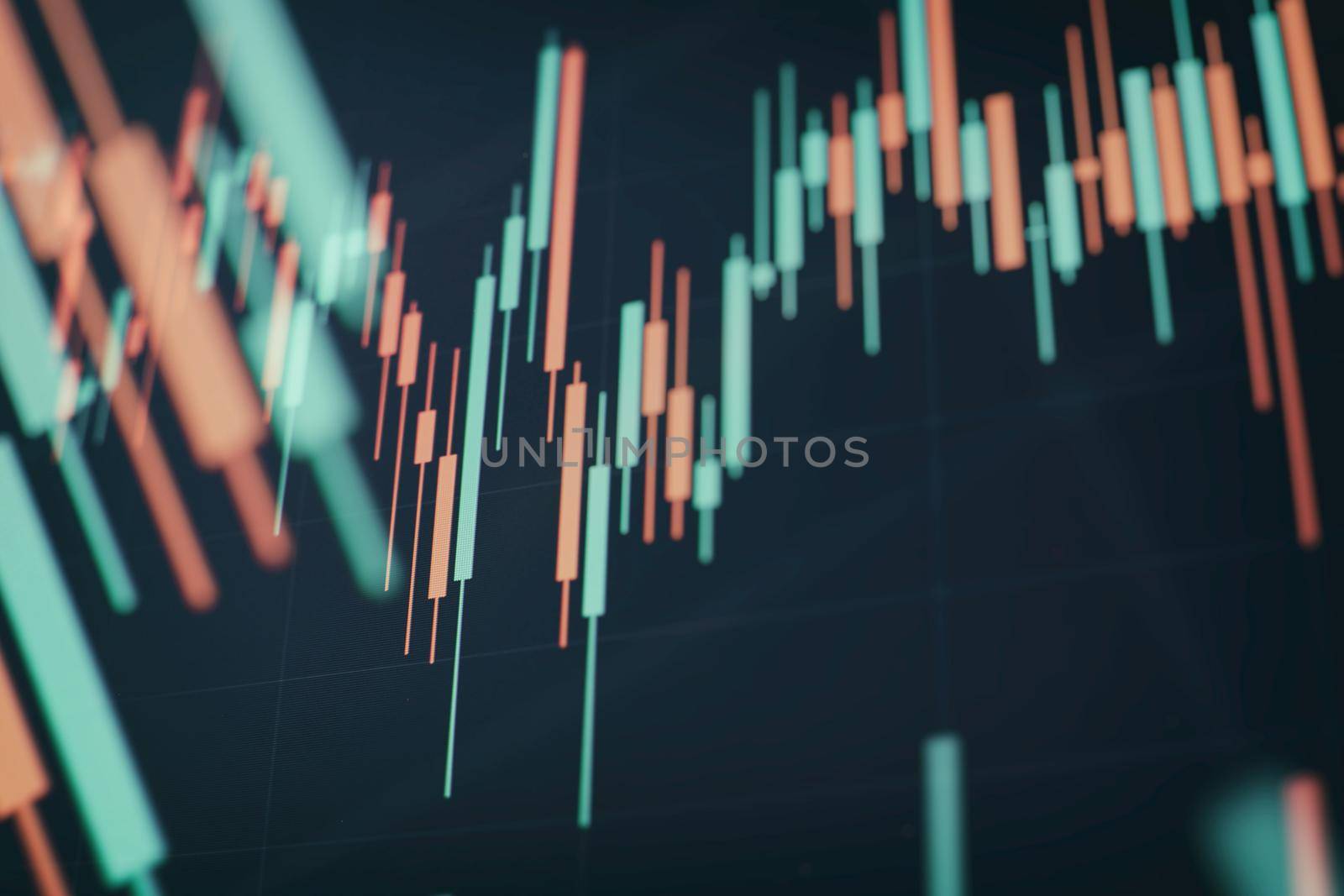 New modern computer and business strategy as concept. Financial diagram with candlestick chart used in market analysis for variation report of share price .