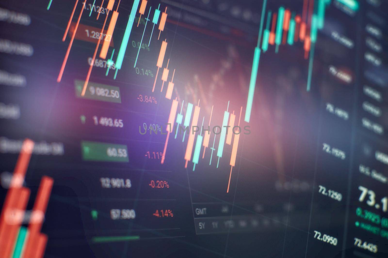 New modern computer and business strategy as concept. Financial diagram with candlestick chart used in market analysis for variation report of share price .