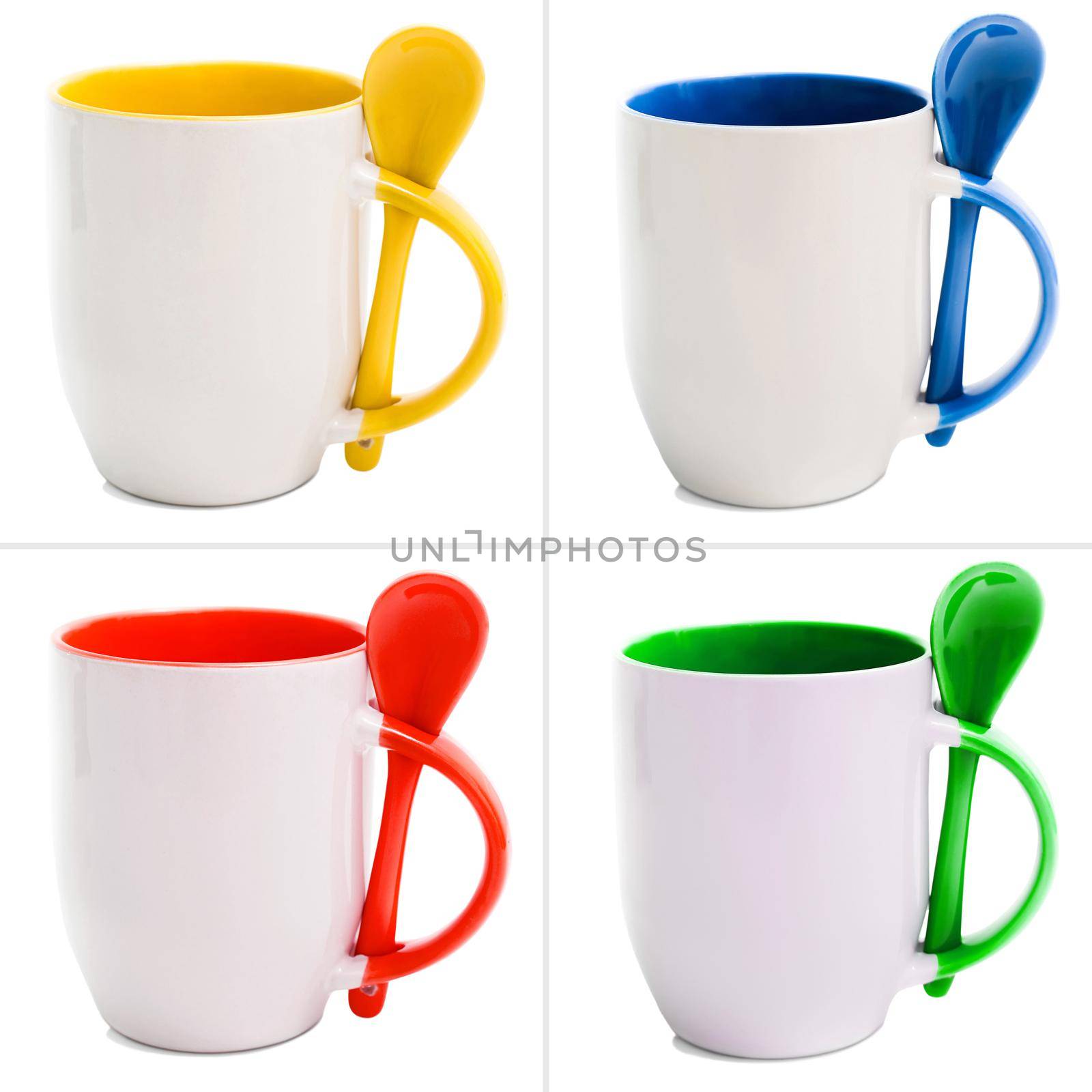 photo collage colourful mugs with spoons isolated on white background